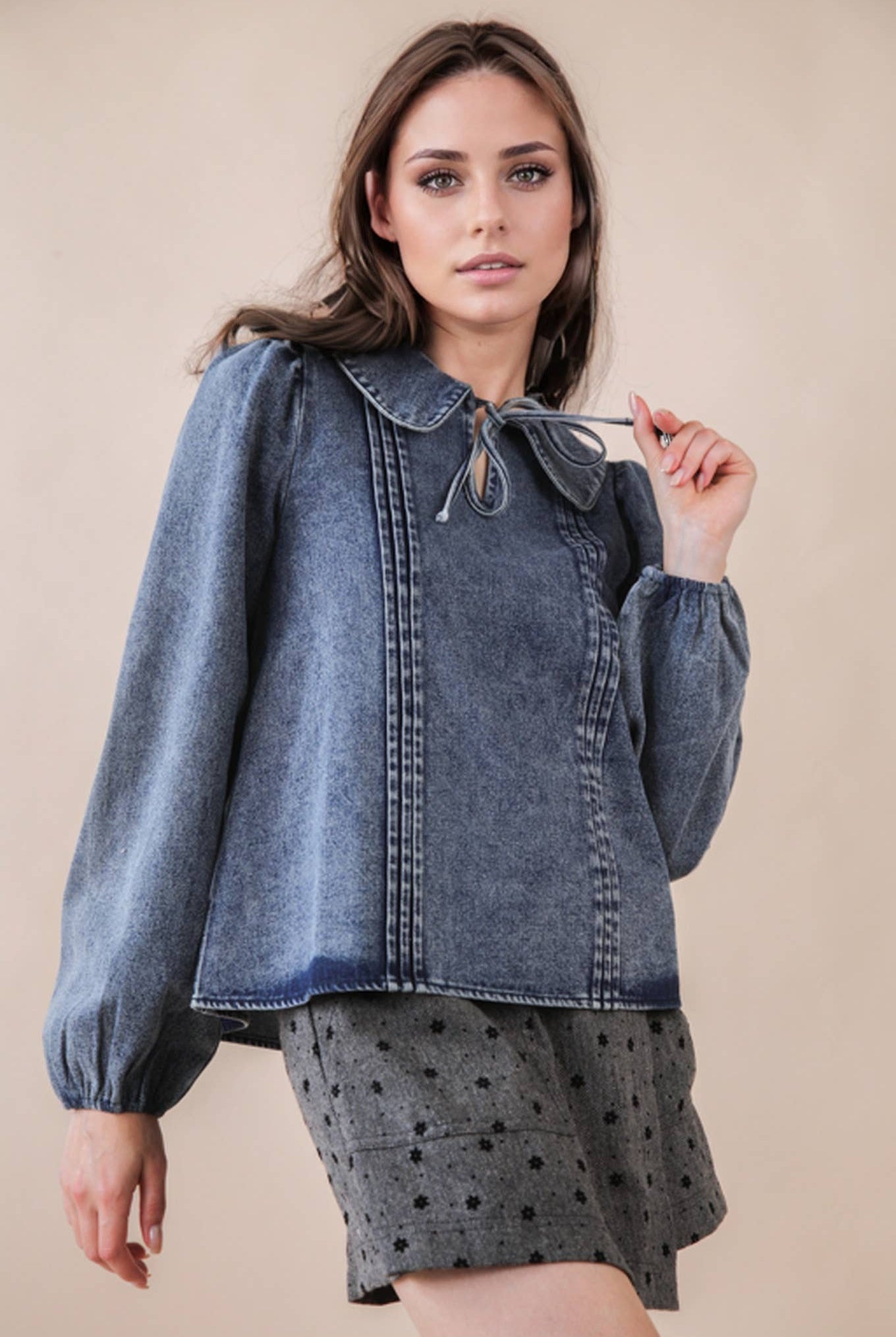 Mineral Washed Chambray Denim Blouse Top-Top-VERY J-Stuffology - Where Vintage Meets Modern, A Boutique for Real Women in Crosbyton, TX