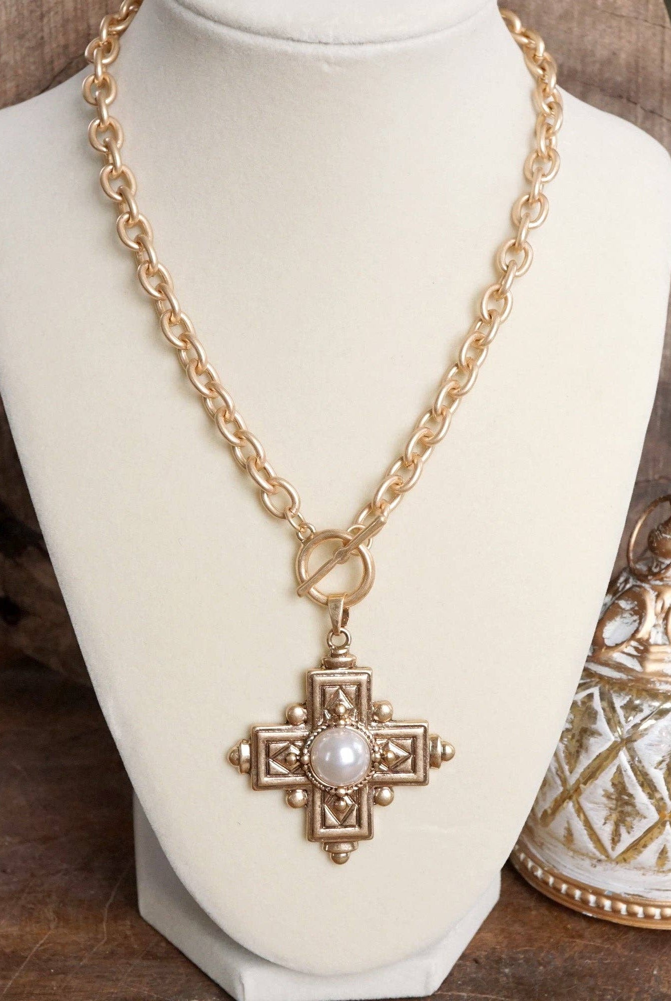 Decorative Cross Necklace Worn Gold Tone Front Toggle and Pearl-Necklaces-PennyLine inc-Stuffology - Where Vintage Meets Modern, A Boutique for Real Women in Crosbyton, TX