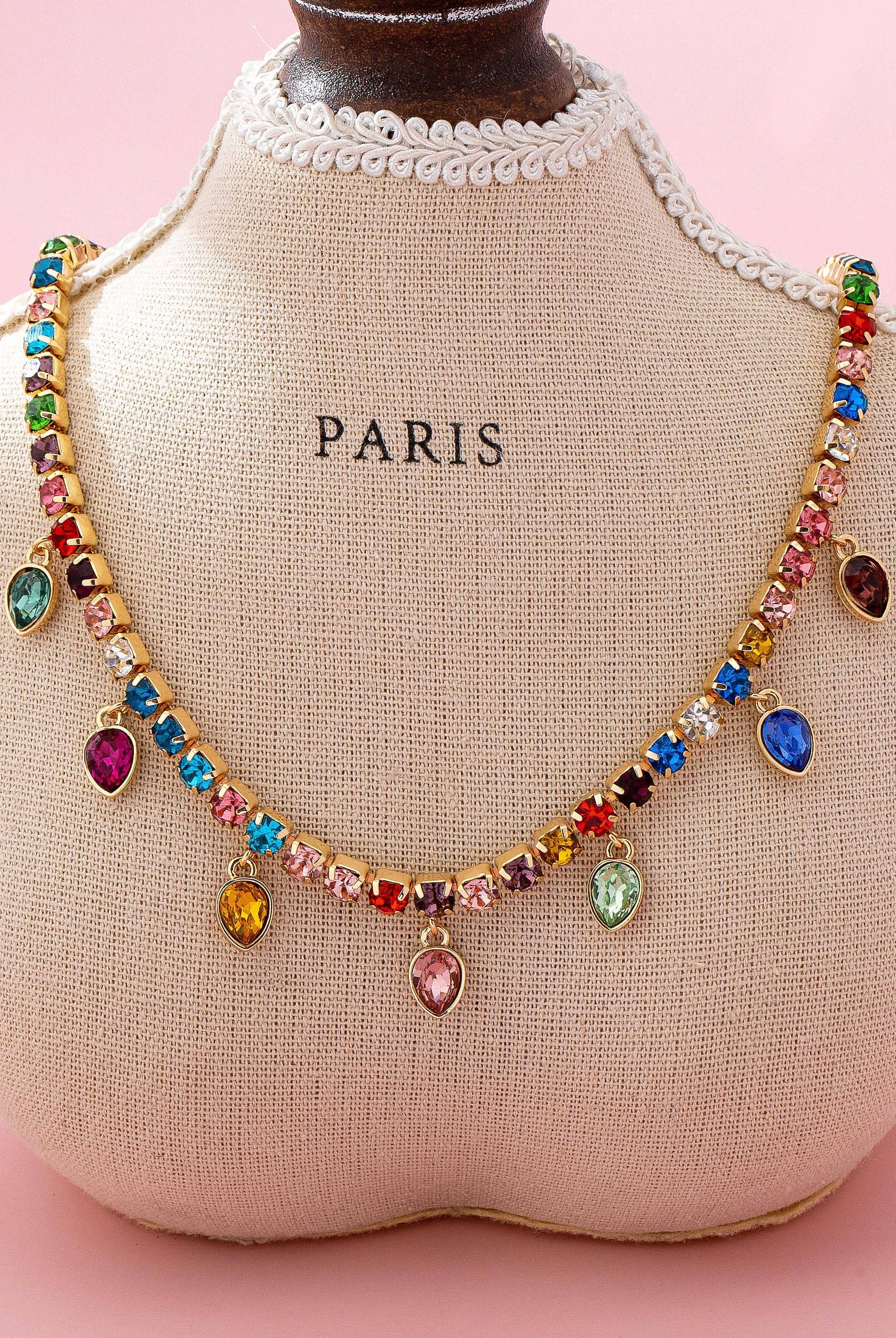 Multicolor Glass Crystal Tennis Teardrop Necklace | 80N92890-Necklaces-JOSSLYN by wall to wall-Stuffology - Where Vintage Meets Modern, A Boutique for Real Women in Crosbyton, TX
