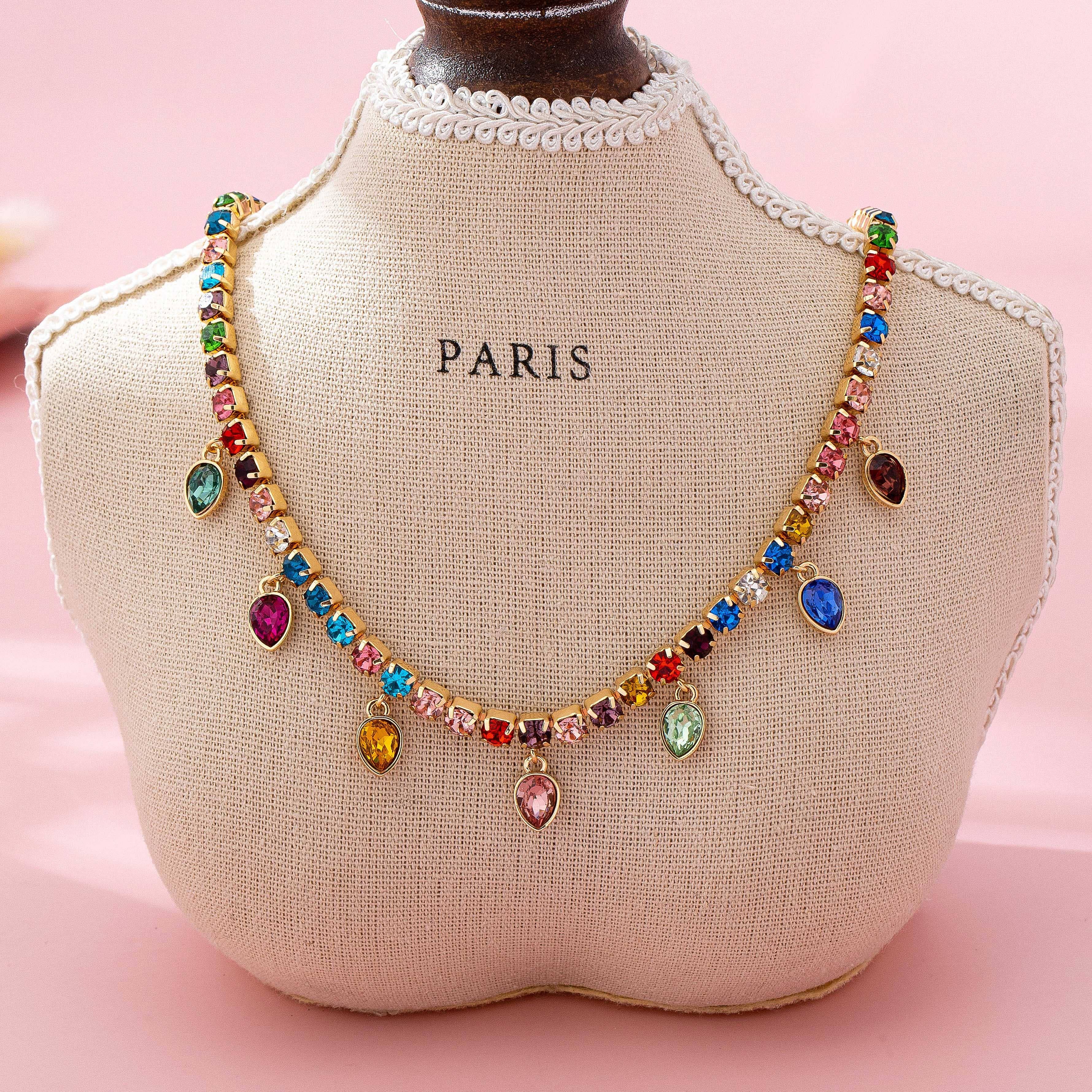 Multicolor Glass Crystal Tennis Teardrop Necklace | 80N92890-Necklaces-JOSSLYN by wall to wall-Stuffology - Where Vintage Meets Modern, A Boutique for Real Women in Crosbyton, TX
