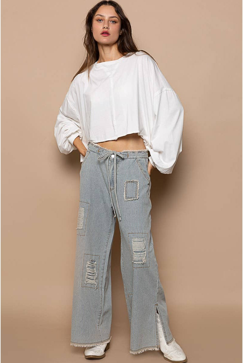 Distressed waist strape stripe denim wide pants-Jeans-Pol Clothing-Stuffology - Where Vintage Meets Modern, A Boutique for Real Women in Crosbyton, TX