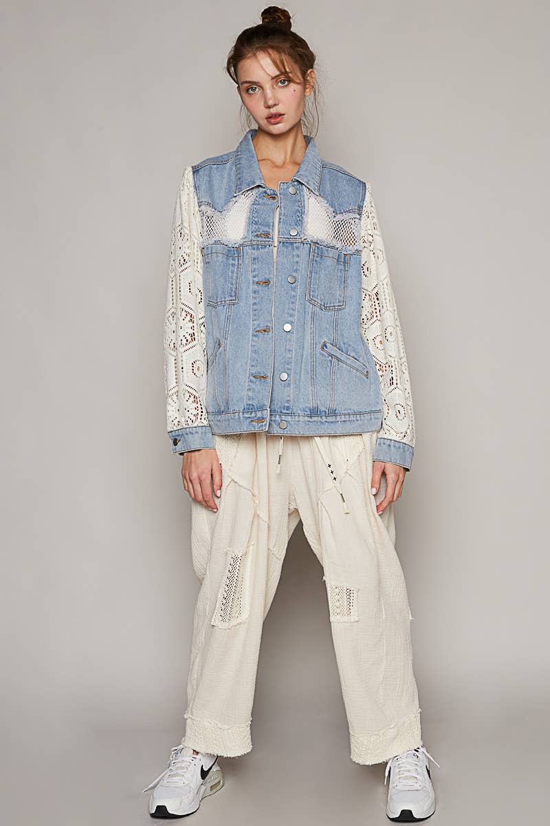 Oversize lace long sleeve crochet patches denim jacket-Shirt / Jacket-Pol Clothing-Stuffology - Where Vintage Meets Modern, A Boutique for Real Women in Crosbyton, TX