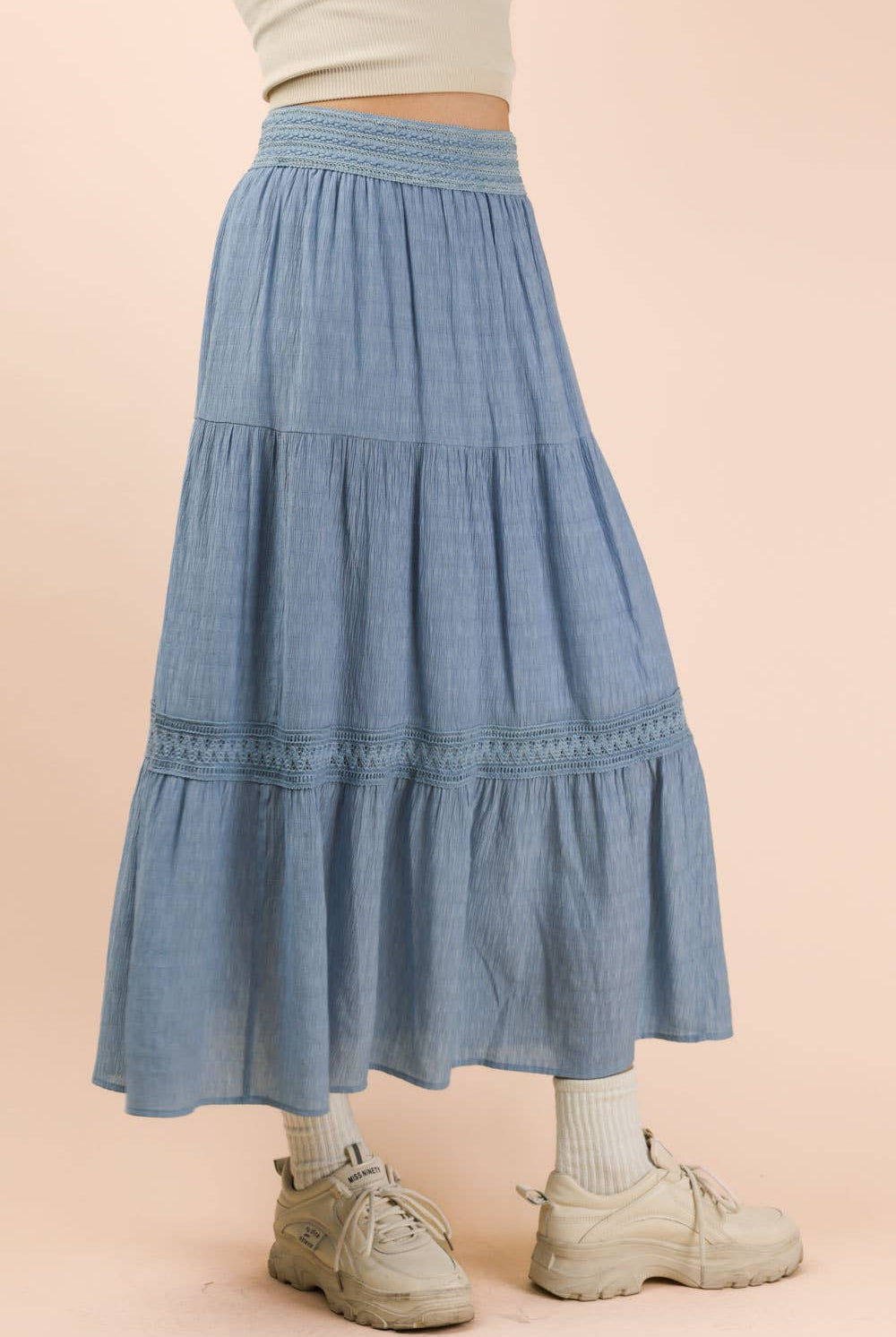 Tiered Layers Solid Woven Skirt W/ Lace Trim-Skirts-VERY J-Stuffology - Where Vintage Meets Modern, A Boutique for Real Women in Crosbyton, TX