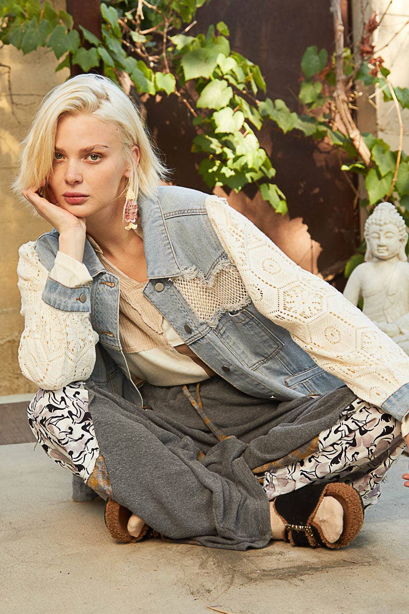 Oversize lace long sleeve crochet patches denim jacket-Shirt / Jacket-Pol Clothing-Stuffology - Where Vintage Meets Modern, A Boutique for Real Women in Crosbyton, TX