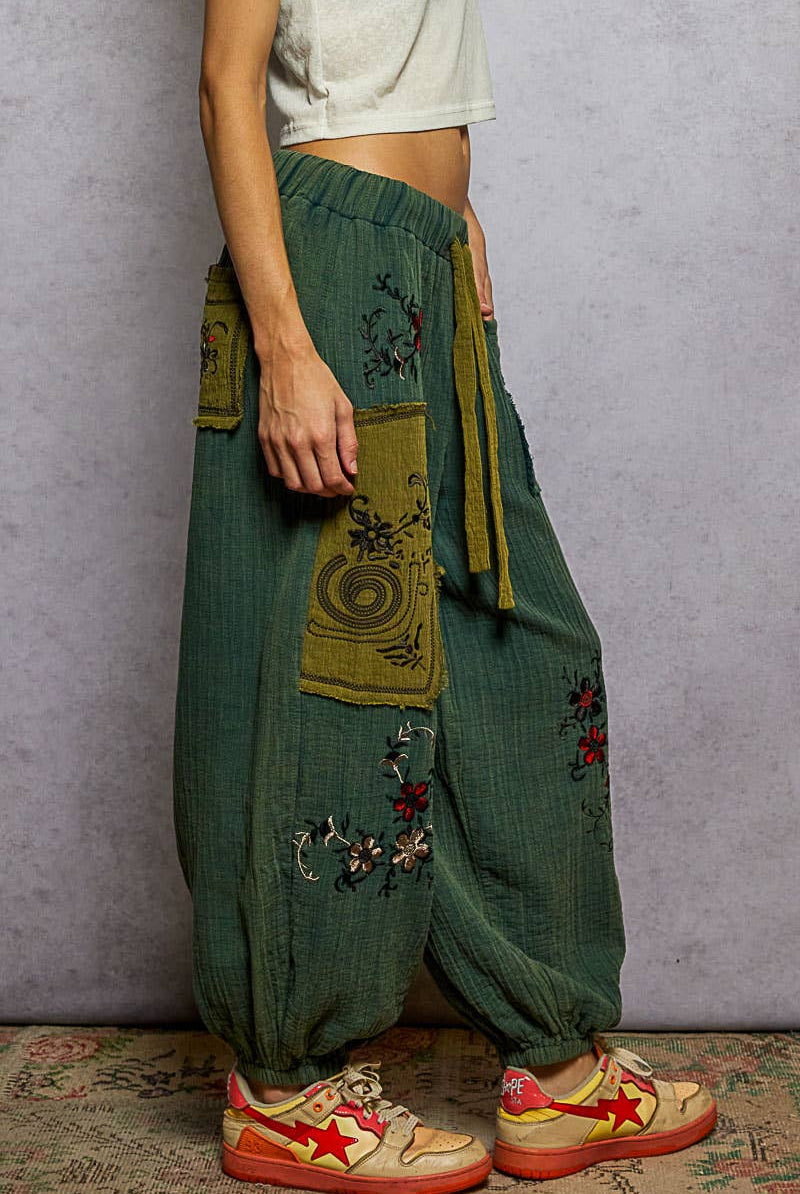 POL Clothing Double gauze floral embroidery accents patch detail pants-pants-Pol Clothing-Stuffology - Where Vintage Meets Modern, A Boutique for Real Women in Crosbyton, TX