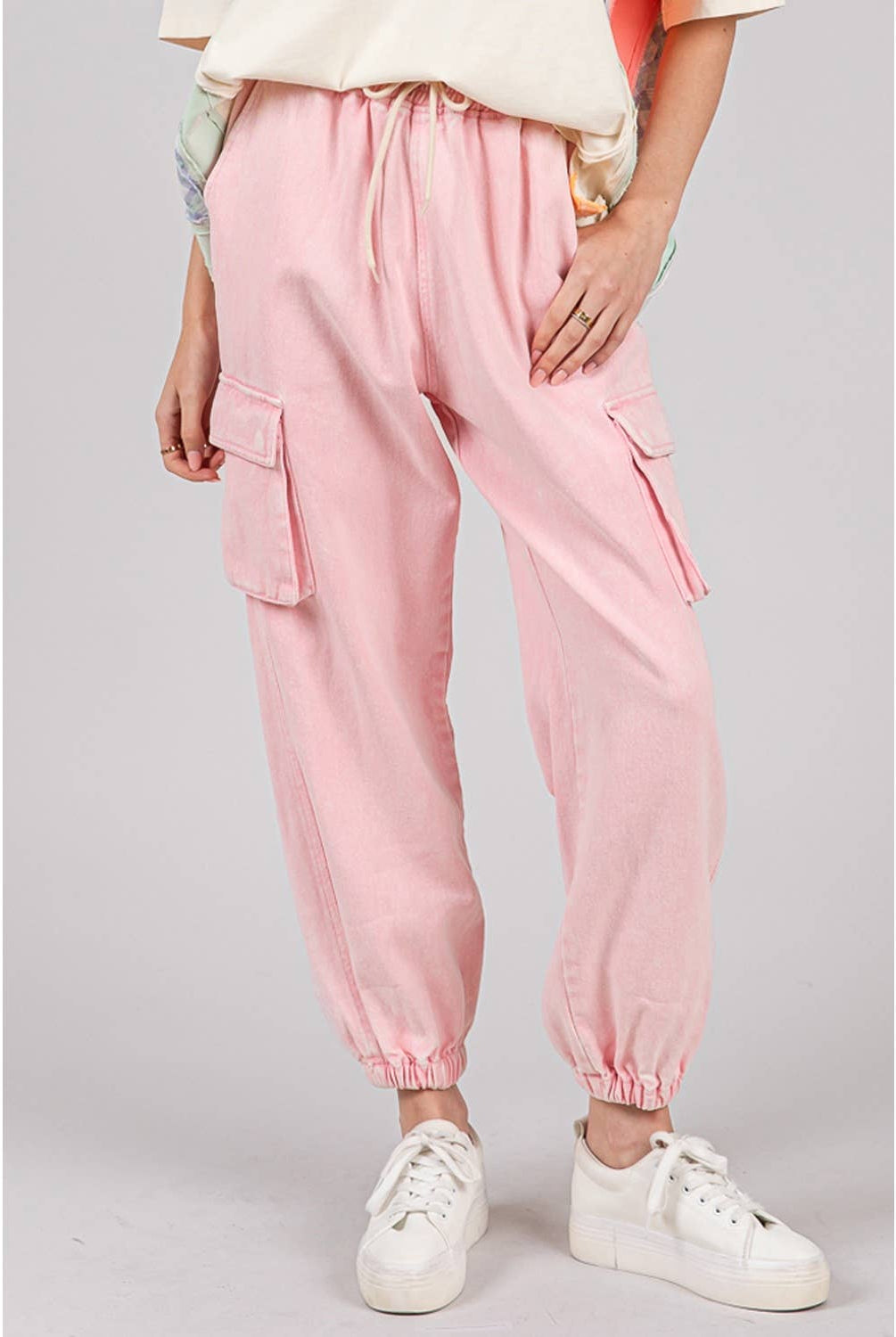 ACID WASH DENIM CARGO JOGGERS-pants-Sage + Fig-Stuffology - Where Vintage Meets Modern, A Boutique for Real Women in Crosbyton, TX