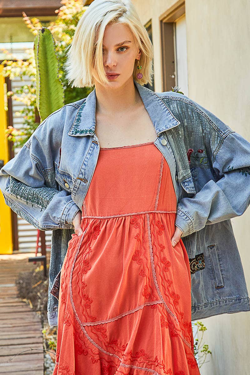 Long sleeve denim embroidery roomy fit jacket-Denim Jacket-Pol Clothing-Stuffology - Where Vintage Meets Modern, A Boutique for Real Women in Crosbyton, TX