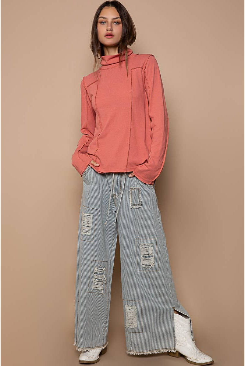 Distressed waist strape stripe denim wide pants-Jeans-Pol Clothing-Stuffology - Where Vintage Meets Modern, A Boutique for Real Women in Crosbyton, TX