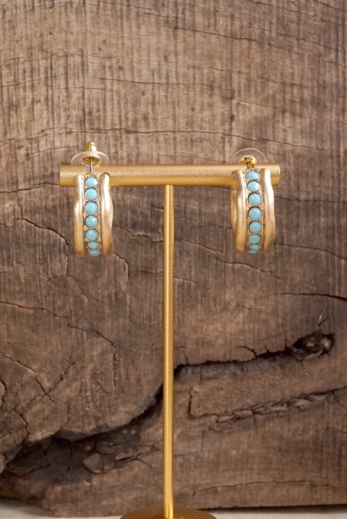 Minimalist Hoops with Faux Pearls or Turquoise – Brushed Gold-Earrings-PennyLine inc-Stuffology - Where Vintage Meets Modern, A Boutique for Real Women in Crosbyton, TX
