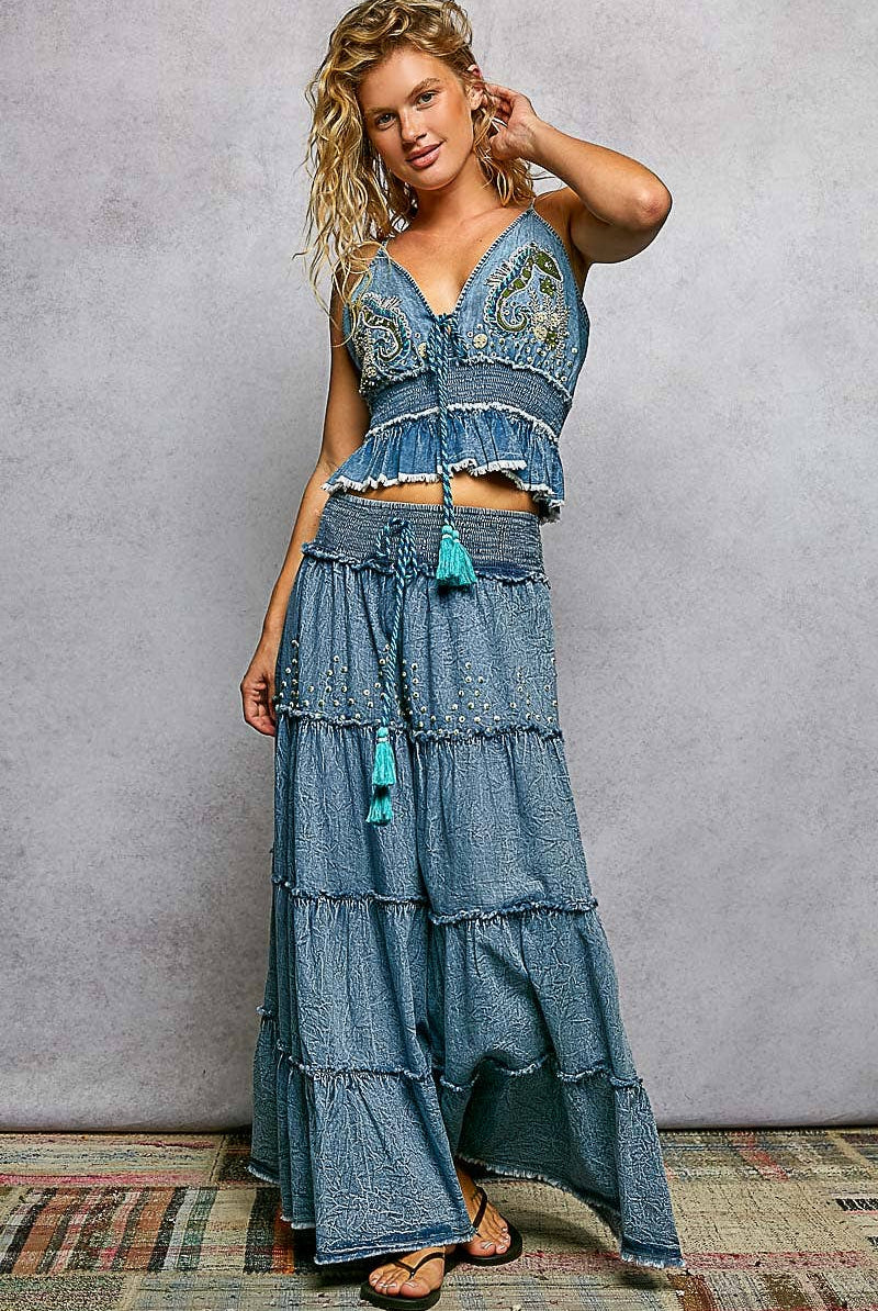 Boho Belle Tiered Denim Maxi Skirt-Skirts-Pol Clothing-Stuffology - Where Vintage Meets Modern, A Boutique for Real Women in Crosbyton, TX
