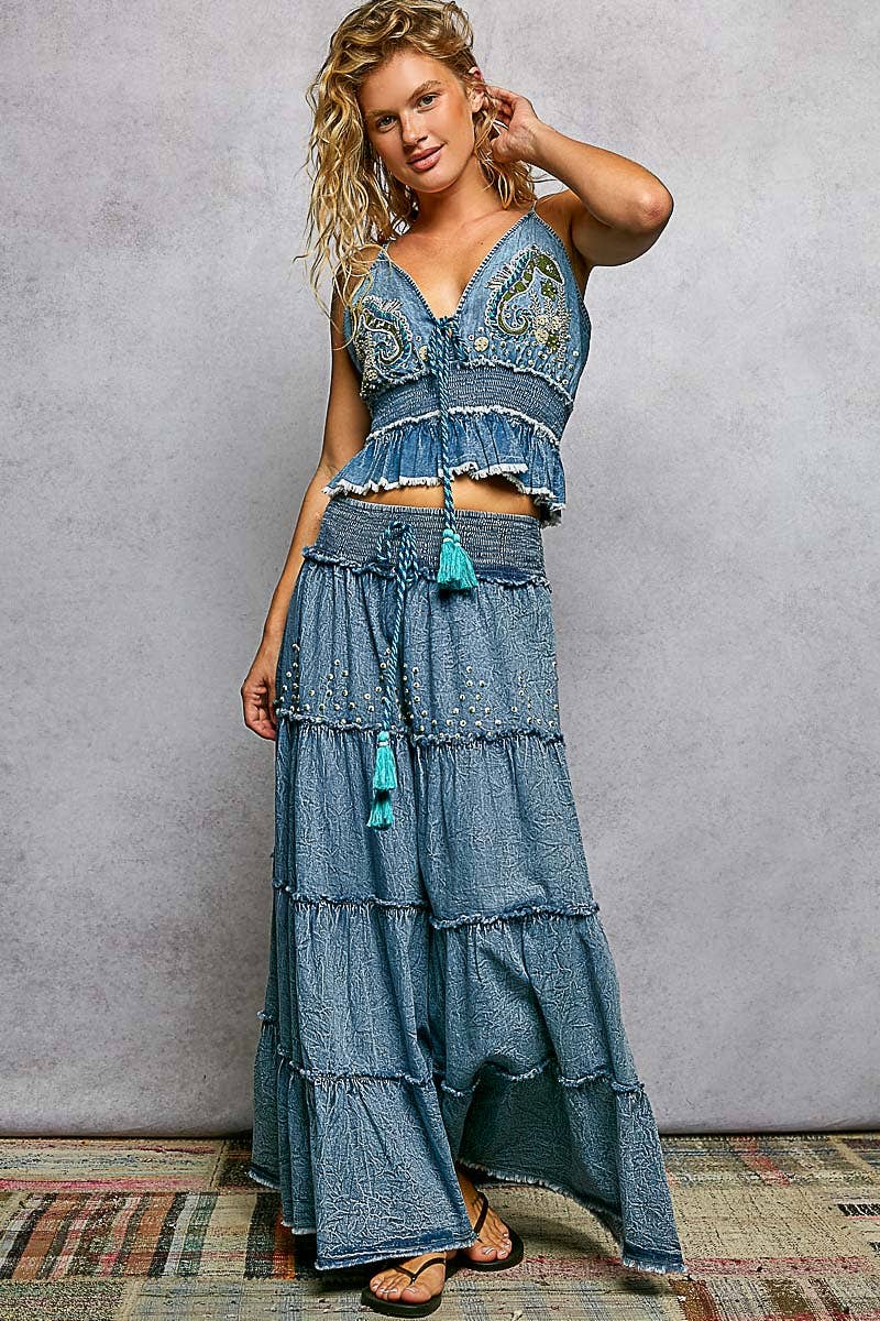 Boho Belle Tiered Denim Maxi Skirt-Skirts-Pol Clothing-Stuffology - Where Vintage Meets Modern, A Boutique for Real Women in Crosbyton, TX