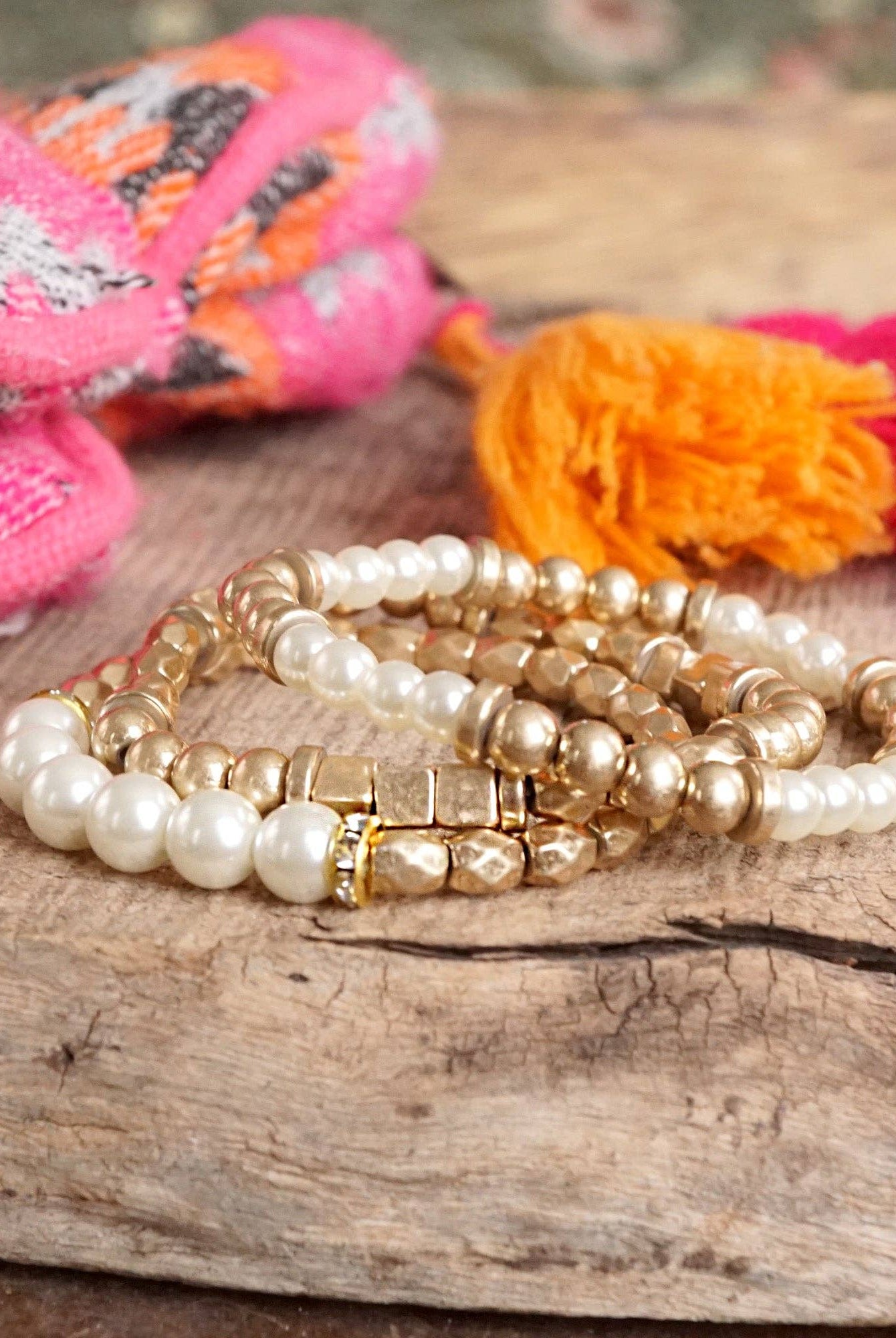 Pearls and Antique Gold Beaded Bracelet Set-Bracelets-PennyLine inc-Stuffology - Where Vintage Meets Modern, A Boutique for Real Women in Crosbyton, TX