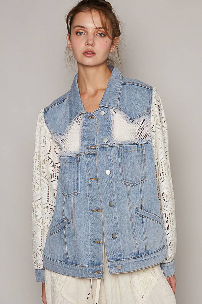 Oversize lace long sleeve crochet patches denim jacket-Shirt / Jacket-Pol Clothing-Stuffology - Where Vintage Meets Modern, A Boutique for Real Women in Crosbyton, TX