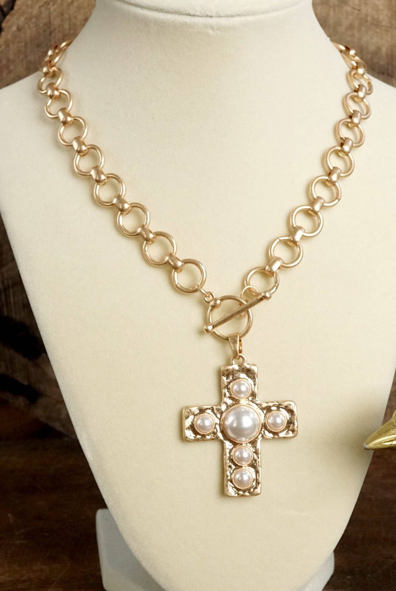 Primitive Cross Necklace – Worn Gold Tone with Acrylic Turquoise or Pearl Cabochons-PennyLine inc-Stuffology - Where Vintage Meets Modern, A Boutique for Real Women in Crosbyton, TX