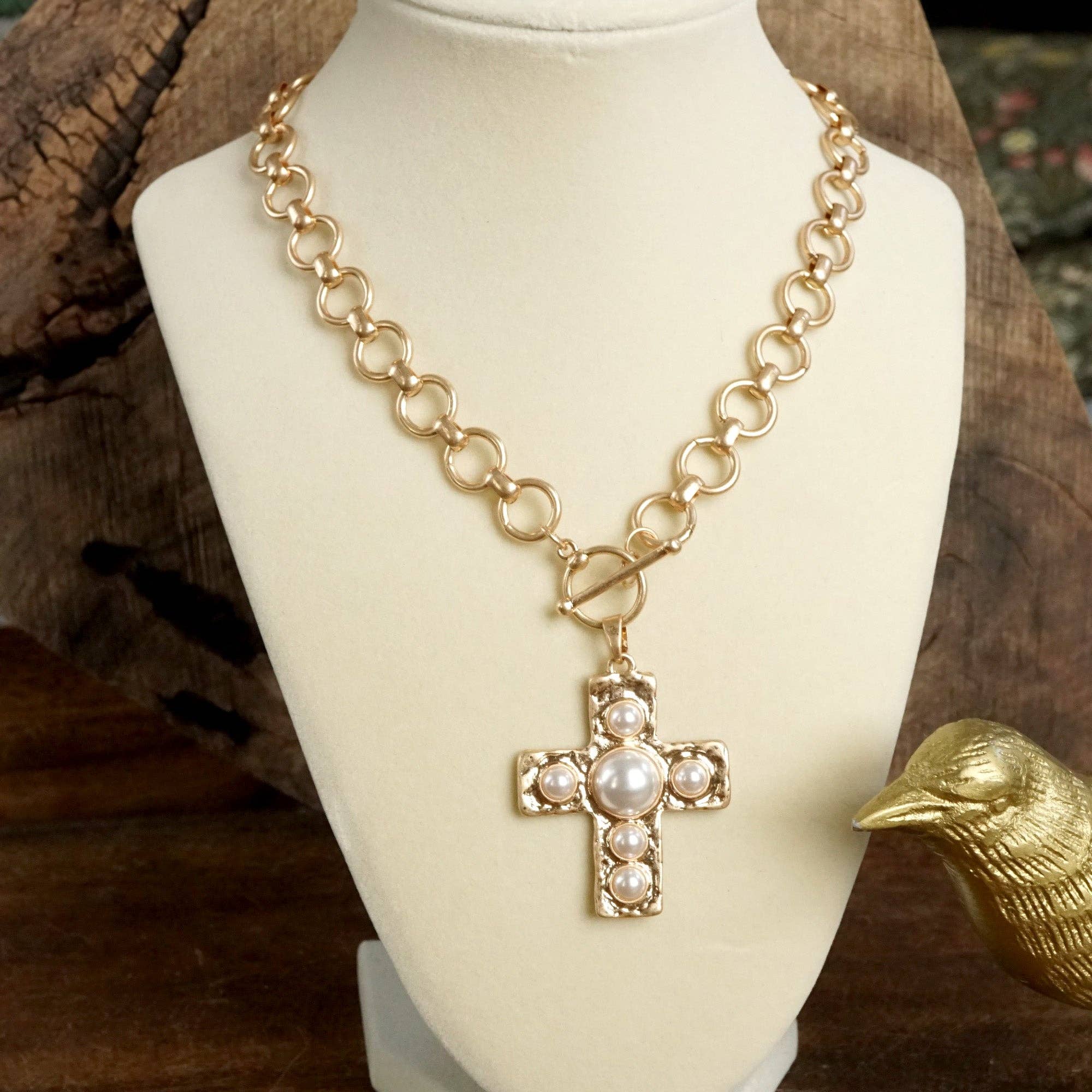 Primitive Cross Necklace – Worn Gold Tone with Acrylic Turquoise or Pearl Cabochons-PennyLine inc-Stuffology - Where Vintage Meets Modern, A Boutique for Real Women in Crosbyton, TX