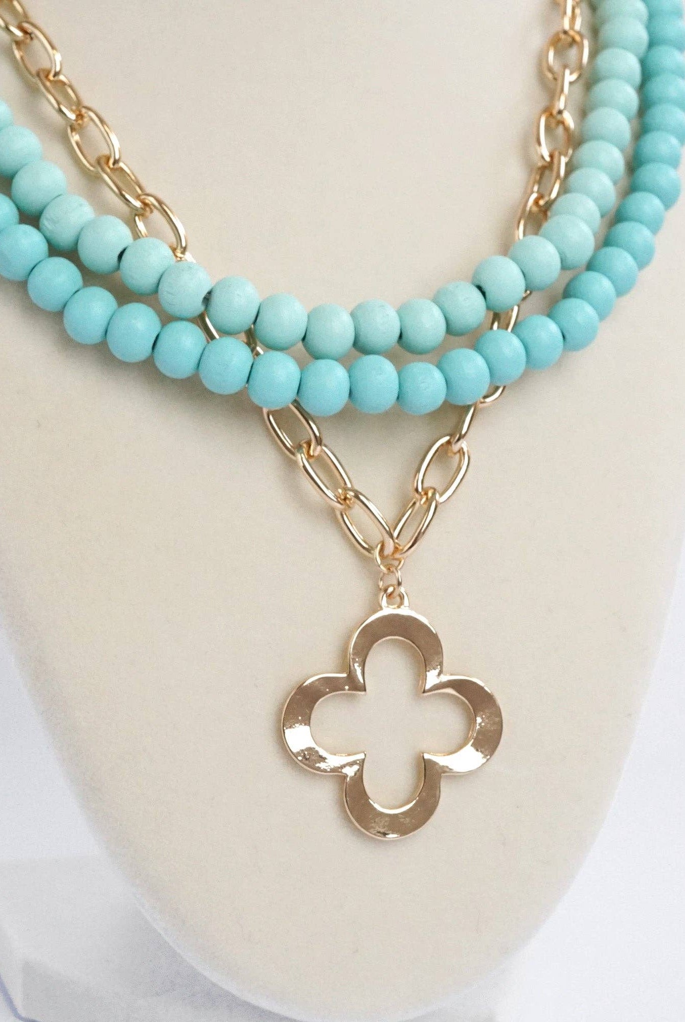 Short Necklace Wooden Beads Clover paperclip chain - Green-PennyLine inc-Stuffology - Where Vintage Meets Modern, A Boutique for Real Women in Crosbyton, TX