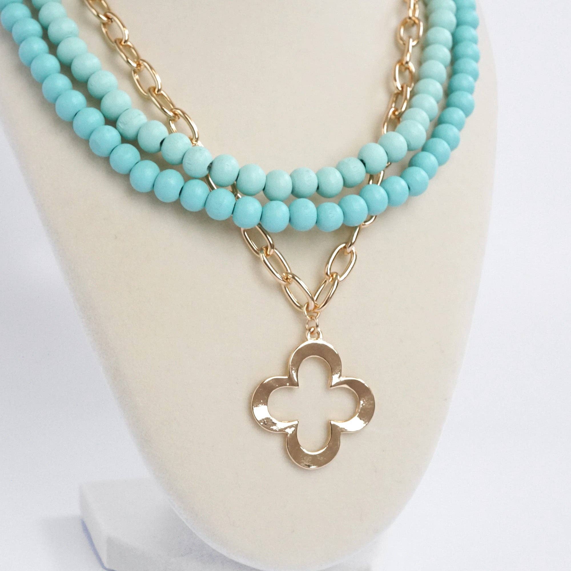 Short Necklace Wooden Beads Clover paperclip chain - Green-Necklaces-PennyLine inc-Stuffology - Where Vintage Meets Modern, A Boutique for Real Women in Crosbyton, TX
