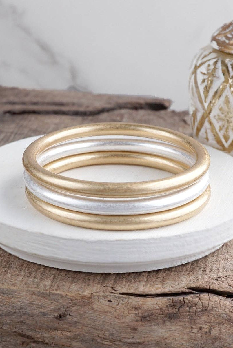 Sundrift Glow – Mixed Metal Bangle Stack-Bracelets-PennyLine inc-Stuffology - Where Vintage Meets Modern, A Boutique for Real Women in Crosbyton, TX