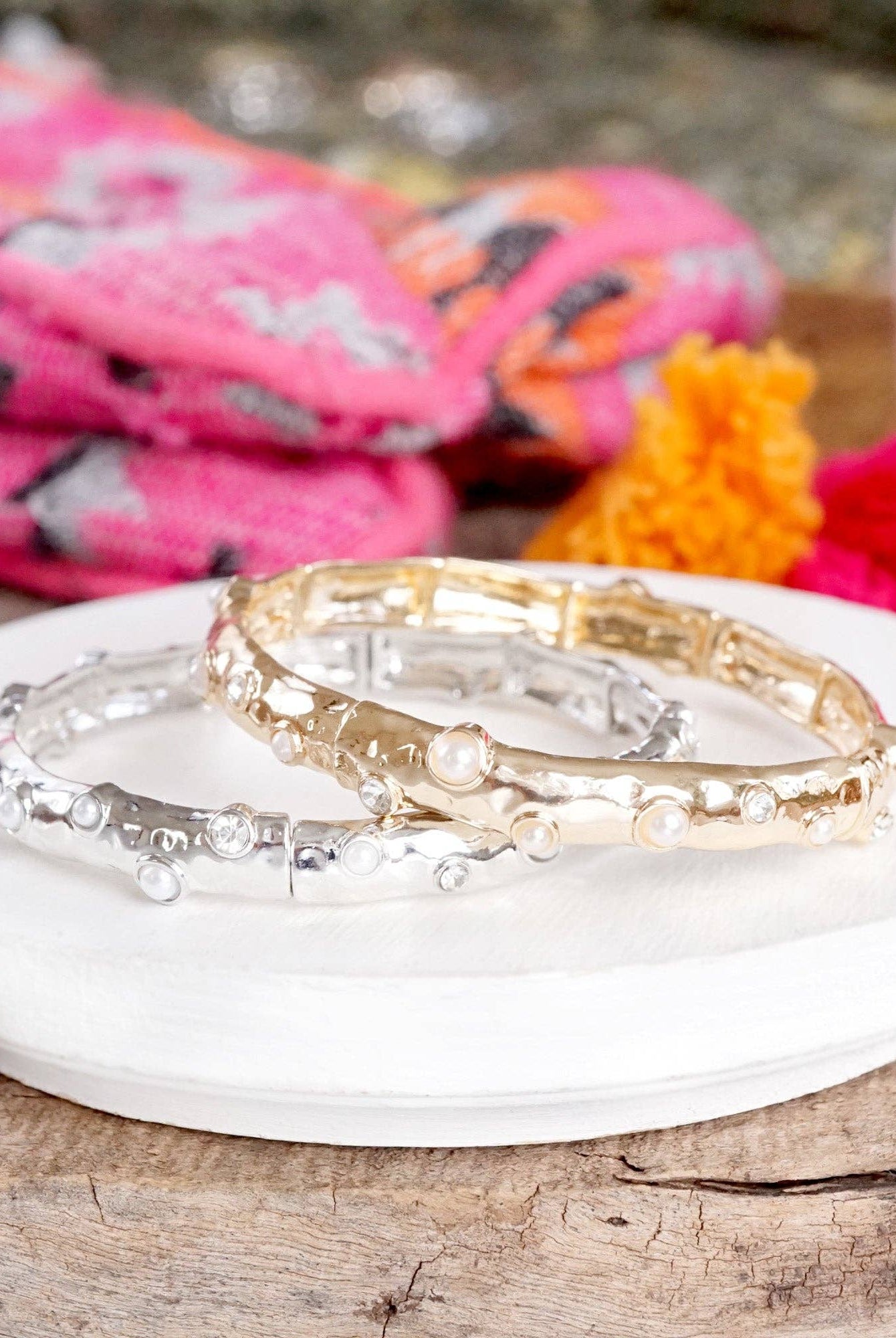 Stretchy Stackable Bangle Pearls and Rhinestones Gold or Silver Tone-PennyLine inc-Stuffology - Where Vintage Meets Modern, A Boutique for Real Women in Crosbyton, TX