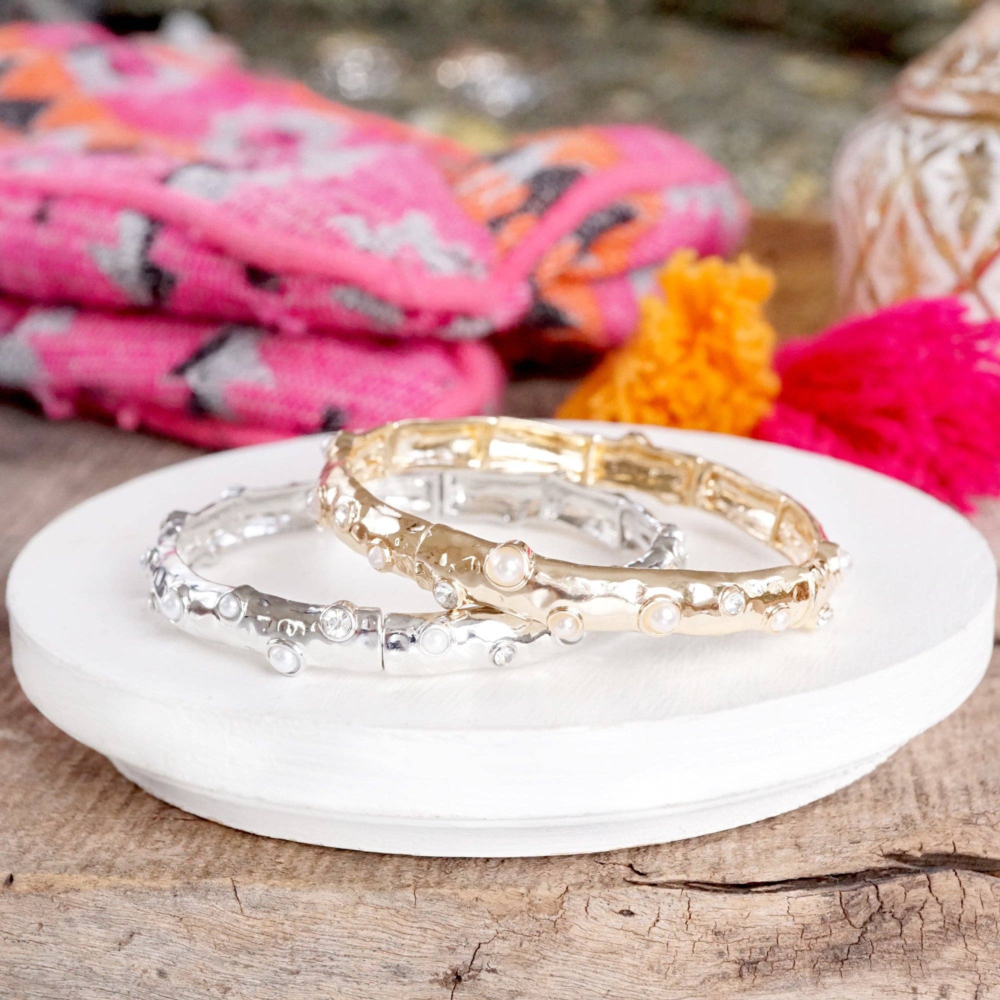 Stretchy Stackable Bangle Pearls and Rhinestones Gold or Silver Tone-PennyLine inc-Stuffology - Where Vintage Meets Modern, A Boutique for Real Women in Crosbyton, TX