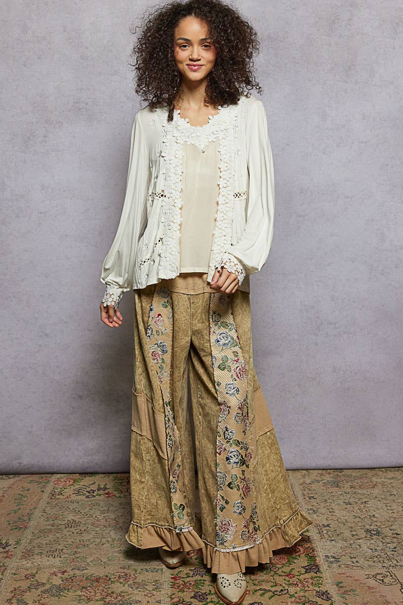 Long Sleeve Contrast Floral Lace Crochet V-Neck Top-Pol Clothing-Stuffology - Where Vintage Meets Modern, A Boutique for Real Women in Crosbyton, TX