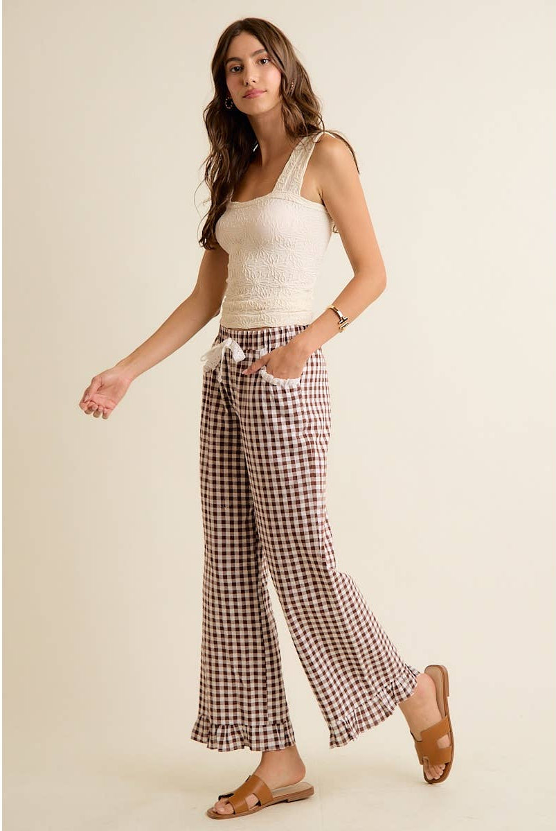GINGHAM LACE RUFFLED PULL ON PANTS-So Me-Stuffology - Where Vintage Meets Modern, A Boutique for Real Women in Crosbyton, TX