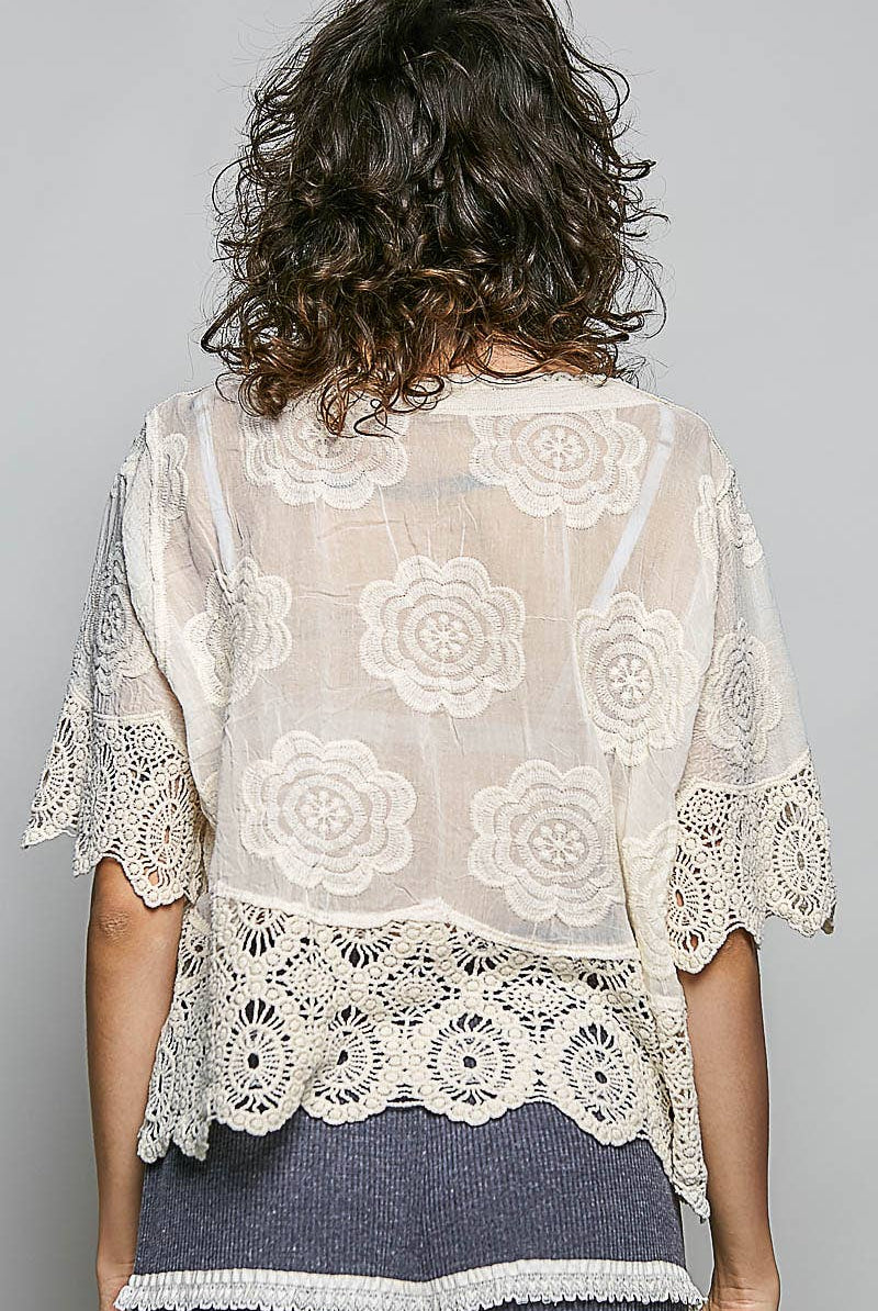 Crochet Trim Neckline Short Sleeve Jacket Top-Pol Clothing-Stuffology - Where Vintage Meets Modern, A Boutique for Real Women in Crosbyton, TX