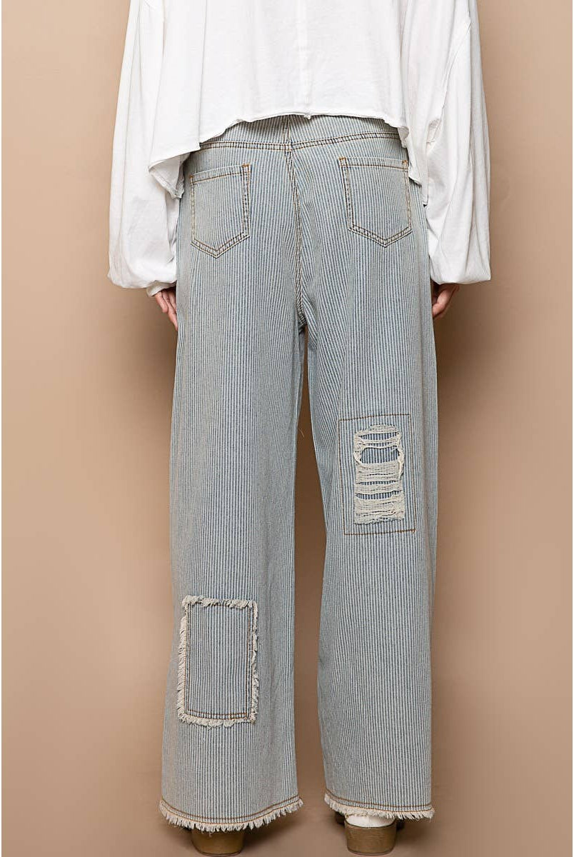 Distressed waist strape stripe denim wide pants-Jeans-Pol Clothing-Stuffology - Where Vintage Meets Modern, A Boutique for Real Women in Crosbyton, TX