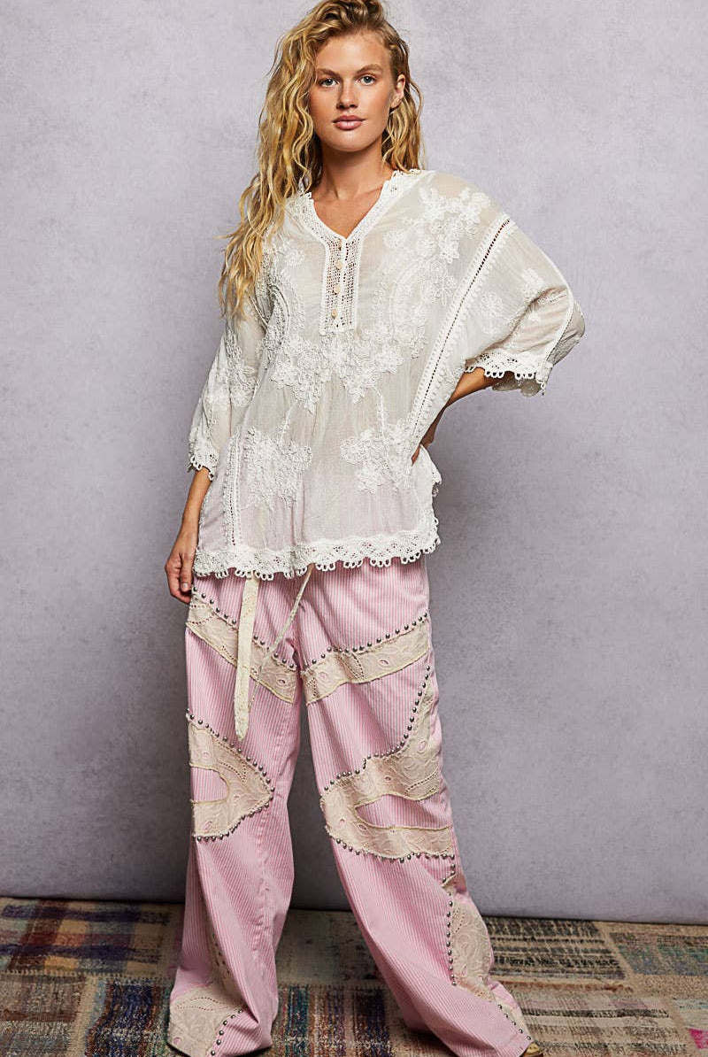 POL Clothing V-neck Short Sleeve Floral Embroidered Crochet Blouse Top-Crochet Top-Pol Clothing-Stuffology - Where Vintage Meets Modern, A Boutique for Real Women in Crosbyton, TX