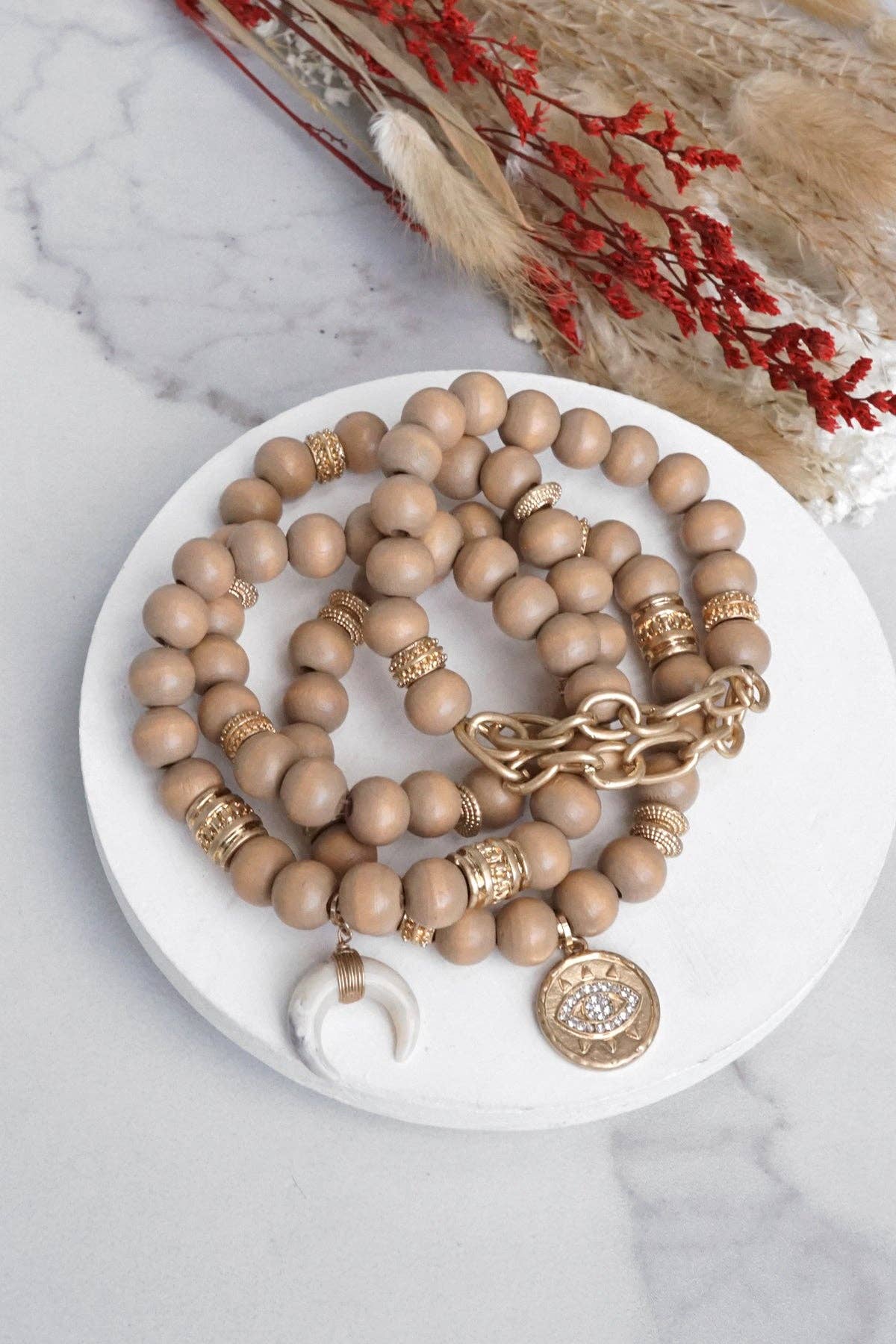 Beaded Boho Bracelets set of 4 with Gold Coin Neutral wooden Beads and Metal chain-Bracelets-PennyLine inc-Stuffology - Where Vintage Meets Modern, A Boutique for Real Women in Crosbyton, TX