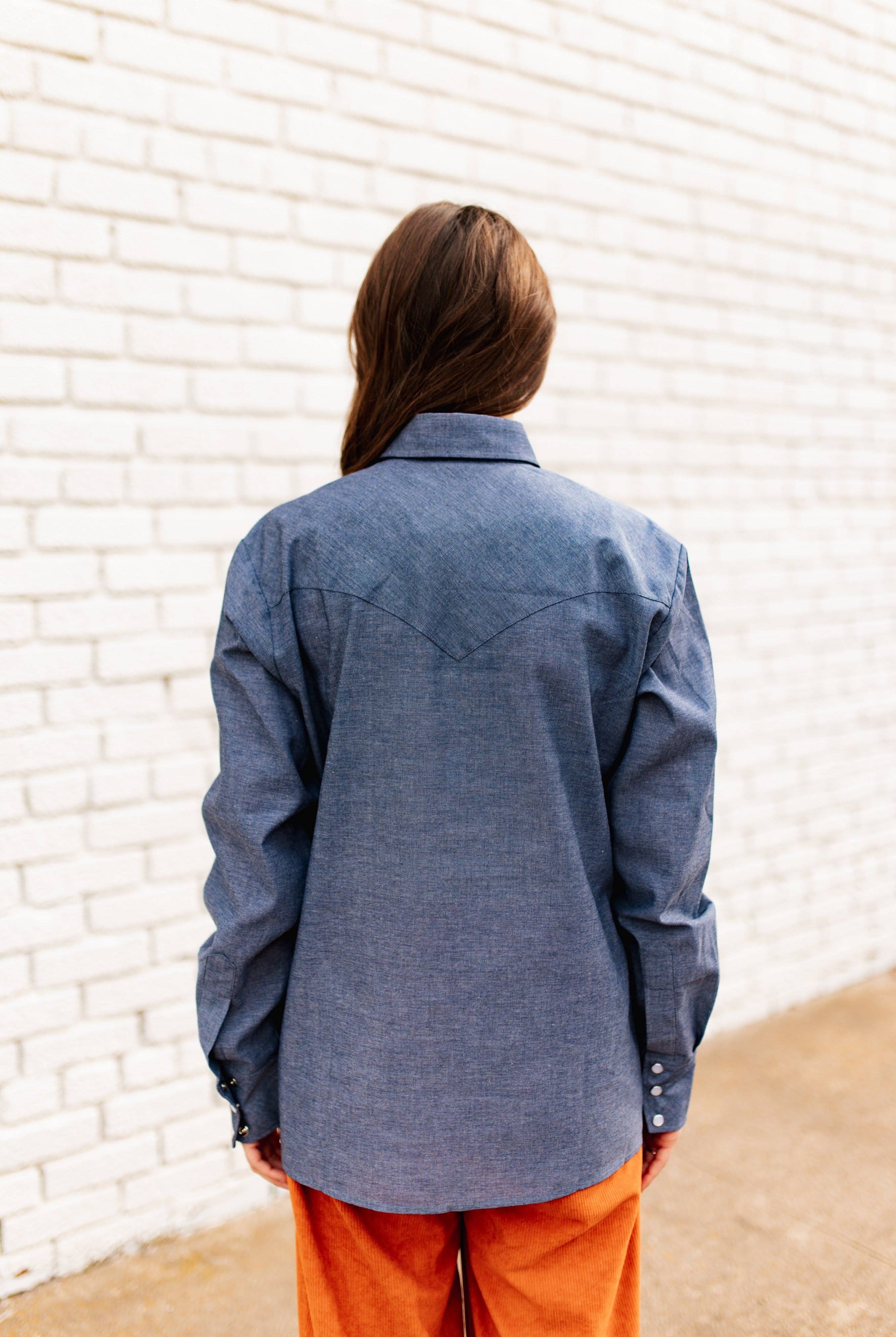 Classic Pearl Snap Denim Chambray Button-Down-Tops-Turquoise Haven-Stuffology - Where Vintage Meets Modern, A Boutique for Real Women in Crosbyton, TX