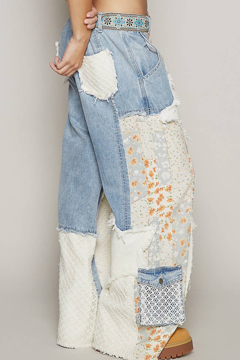Printed Patchwork Star Detail Woven Twill Pants Jeans-Jeans-Pol Clothing-Stuffology - Where Vintage Meets Modern, A Boutique for Real Women in Crosbyton, TX
