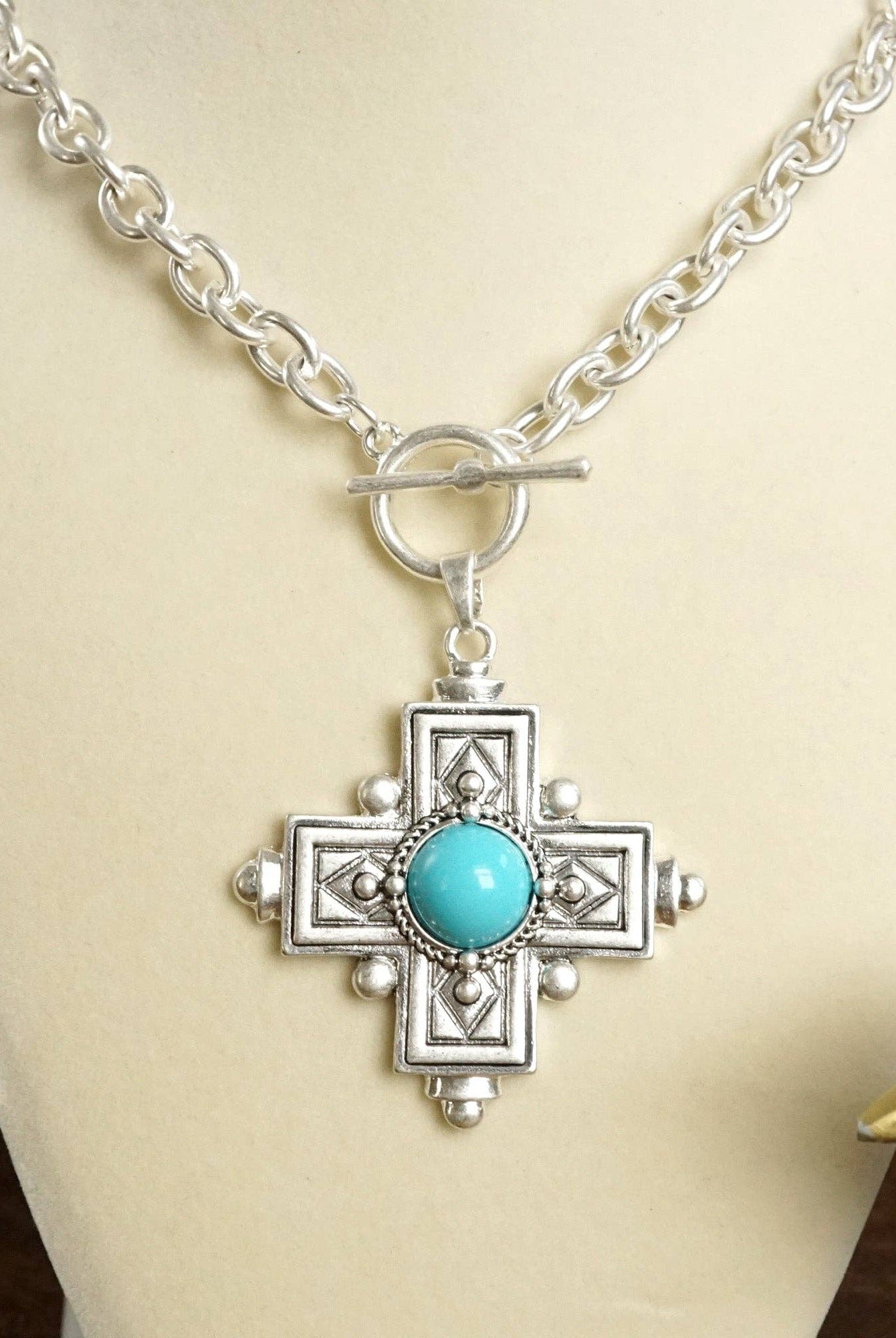 Decorative Cross Necklace Worn Gold or Silver Tone Front Toggle and Turquoise-Necklaces-PennyLine inc-Stuffology - Where Vintage Meets Modern, A Boutique for Real Women in Crosbyton, TX