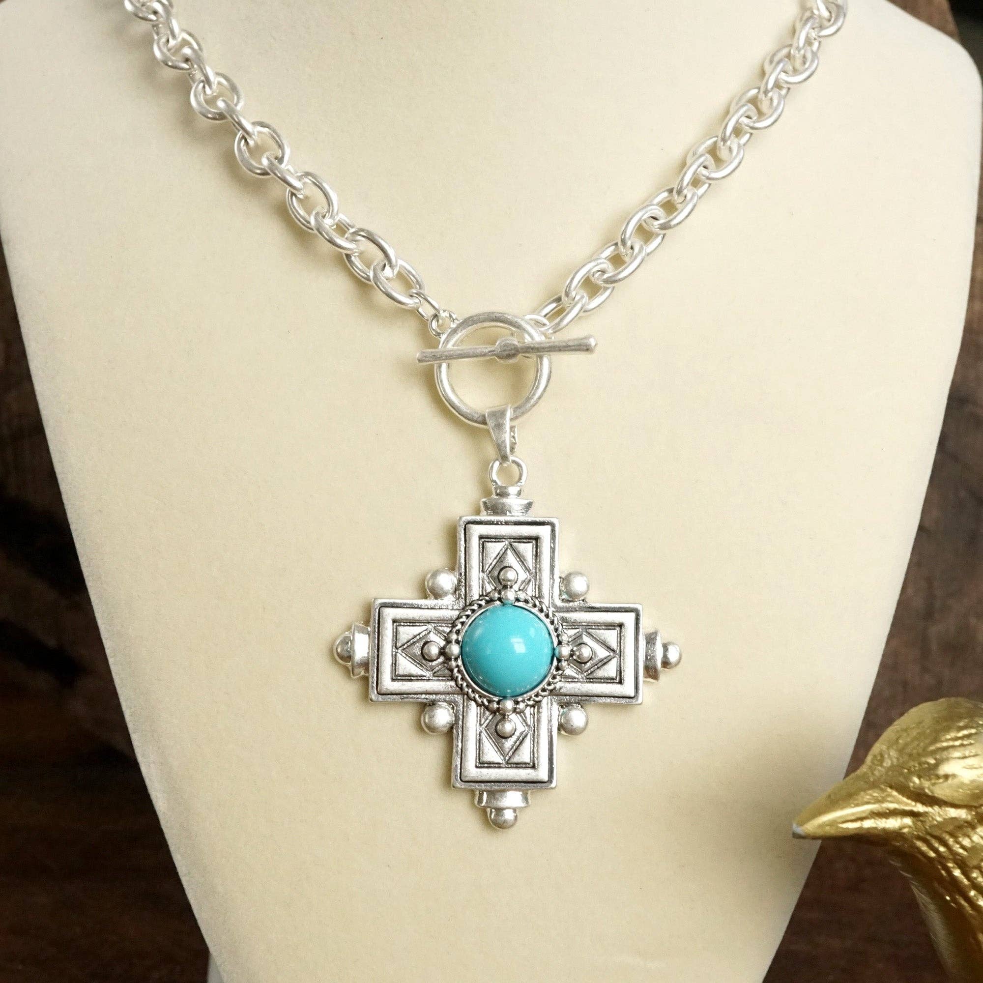 Decorative Cross Necklace Worn Gold or Silver Tone Front Toggle and Turquoise-Necklaces-PennyLine inc-Stuffology - Where Vintage Meets Modern, A Boutique for Real Women in Crosbyton, TX
