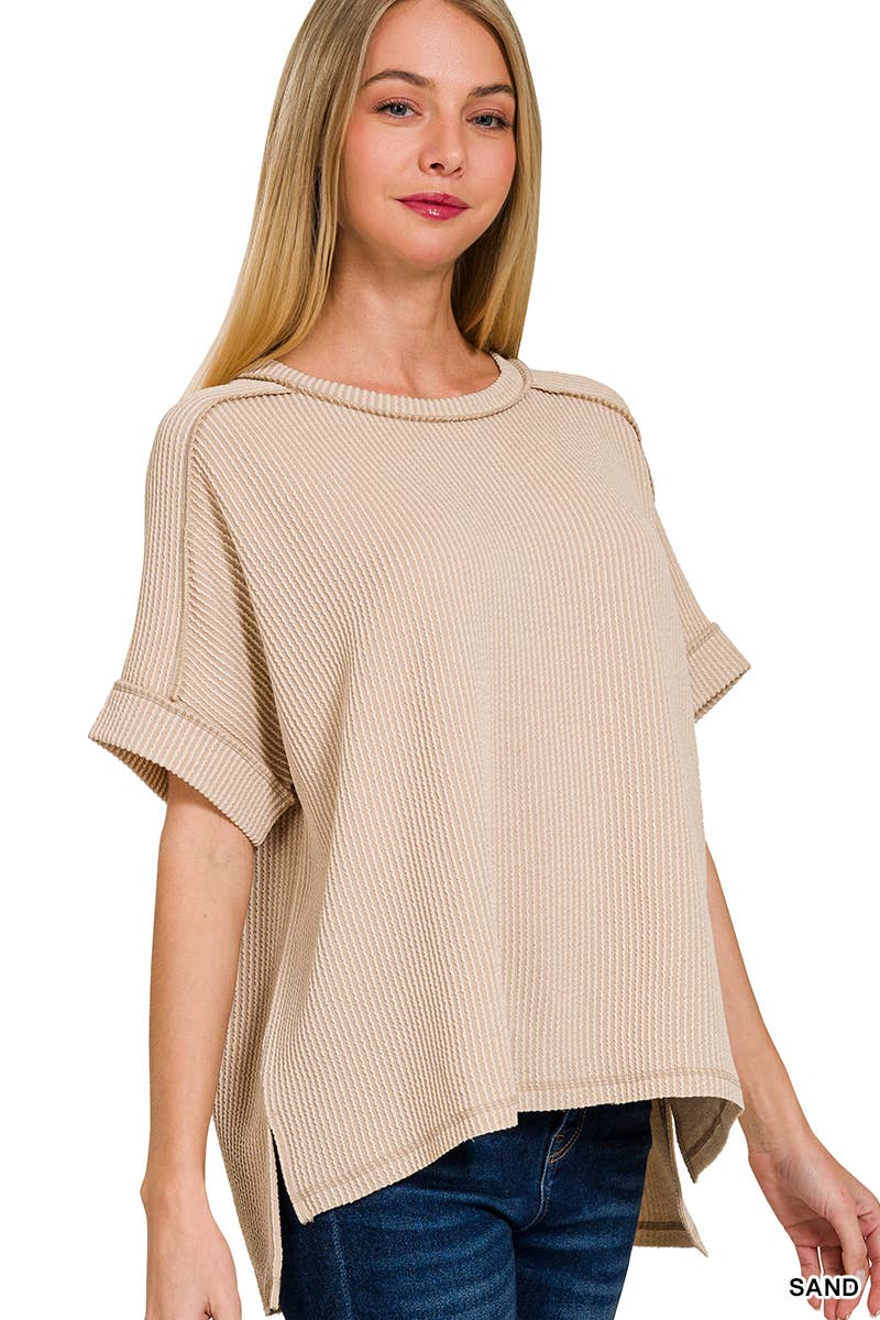Corded Rib Short Cuff Sleeve Raw Edge Top-TOP-Stuffology Boutique-Stuffology - Where Vintage Meets Modern, A Boutique for Real Women in Crosbyton, TX