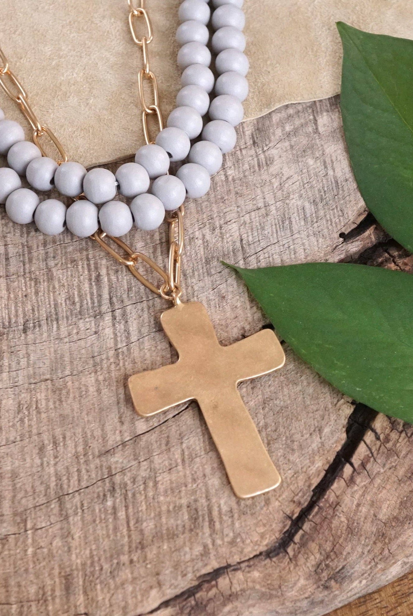 Multi Strand Wood Beads Short Statement Cross Necklace Grey-Necklaces-PennyLine inc-Stuffology - Where Vintage Meets Modern, A Boutique for Real Women in Crosbyton, TX
