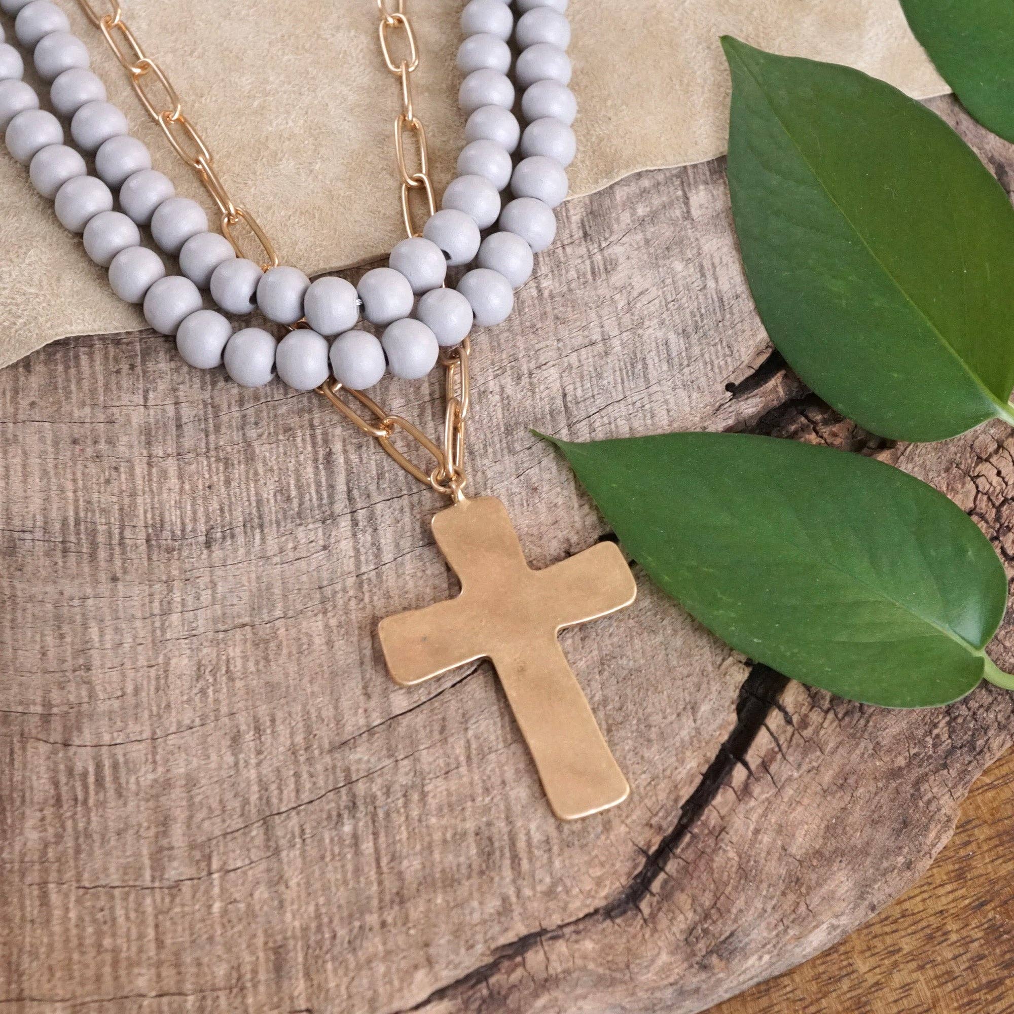 Multi Strand Wood Beads Short Statement Cross Necklace Grey-Necklaces-PennyLine inc-Stuffology - Where Vintage Meets Modern, A Boutique for Real Women in Crosbyton, TX