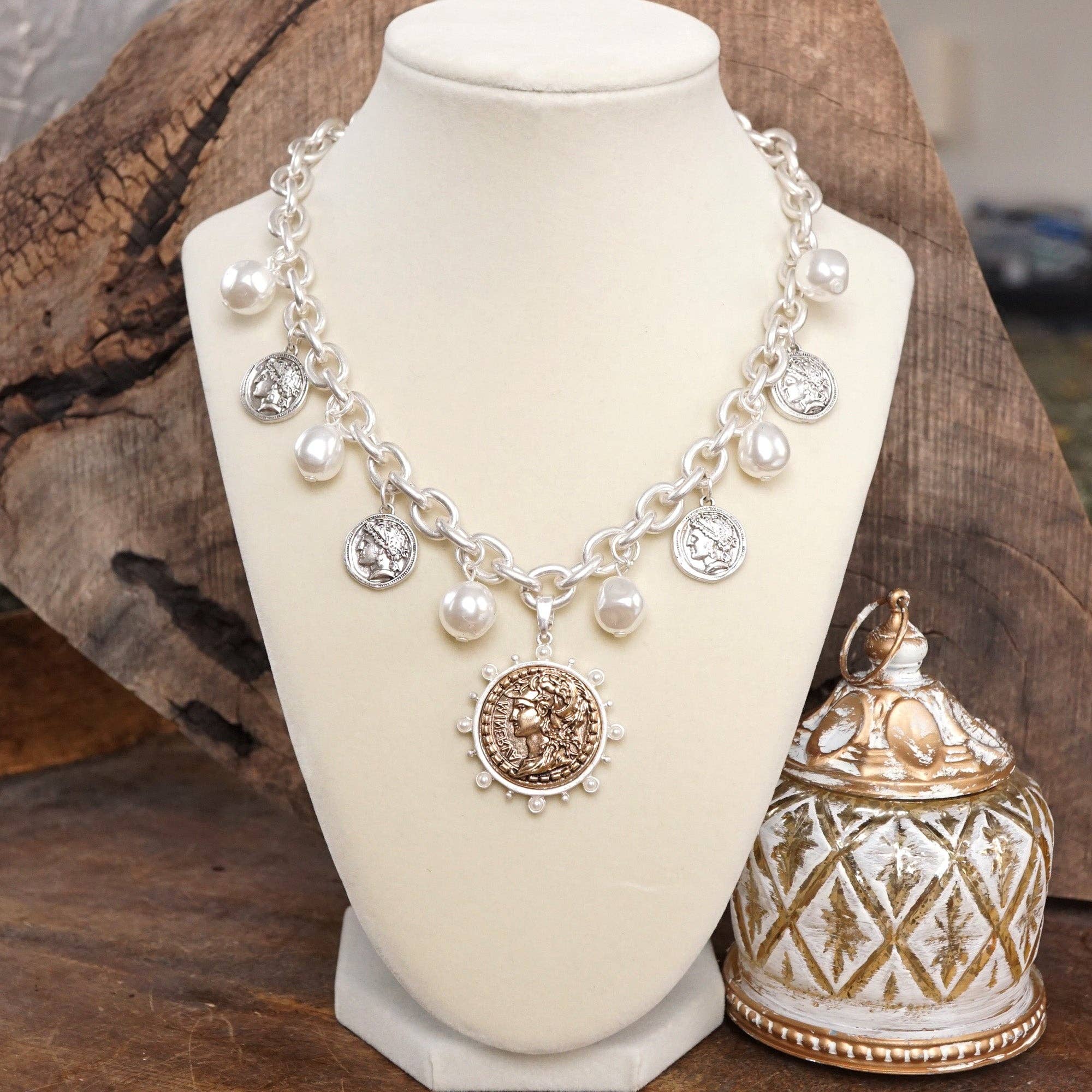 Boho Coin and Pearl Charms Statement Necklace – Gold and Silver Tone-PennyLine inc-Stuffology - Where Vintage Meets Modern, A Boutique for Real Women in Crosbyton, TX