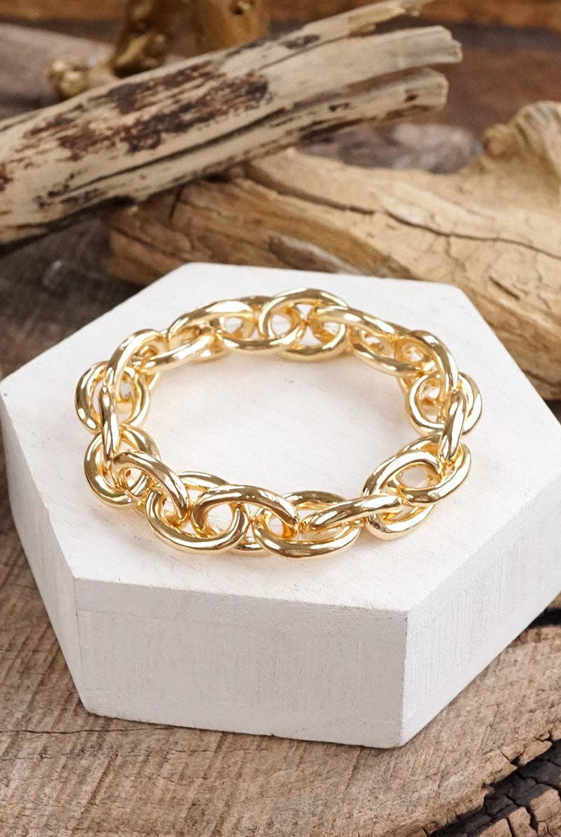 Bold Links – Chunky Chain Stretchy Bracelet - in Gold-Bracelets-PennyLine inc-Stuffology - Where Vintage Meets Modern, A Boutique for Real Women in Crosbyton, TX