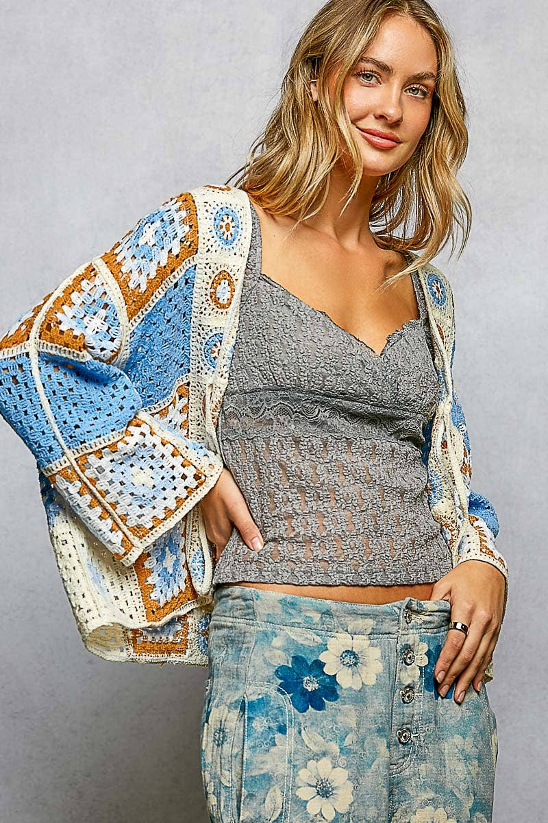 Granny Square 3/4 Sleeve Crochet Cardigan Top-Cardigan-Pol Clothing-Stuffology - Where Vintage Meets Modern, A Boutique for Real Women in Crosbyton, TX