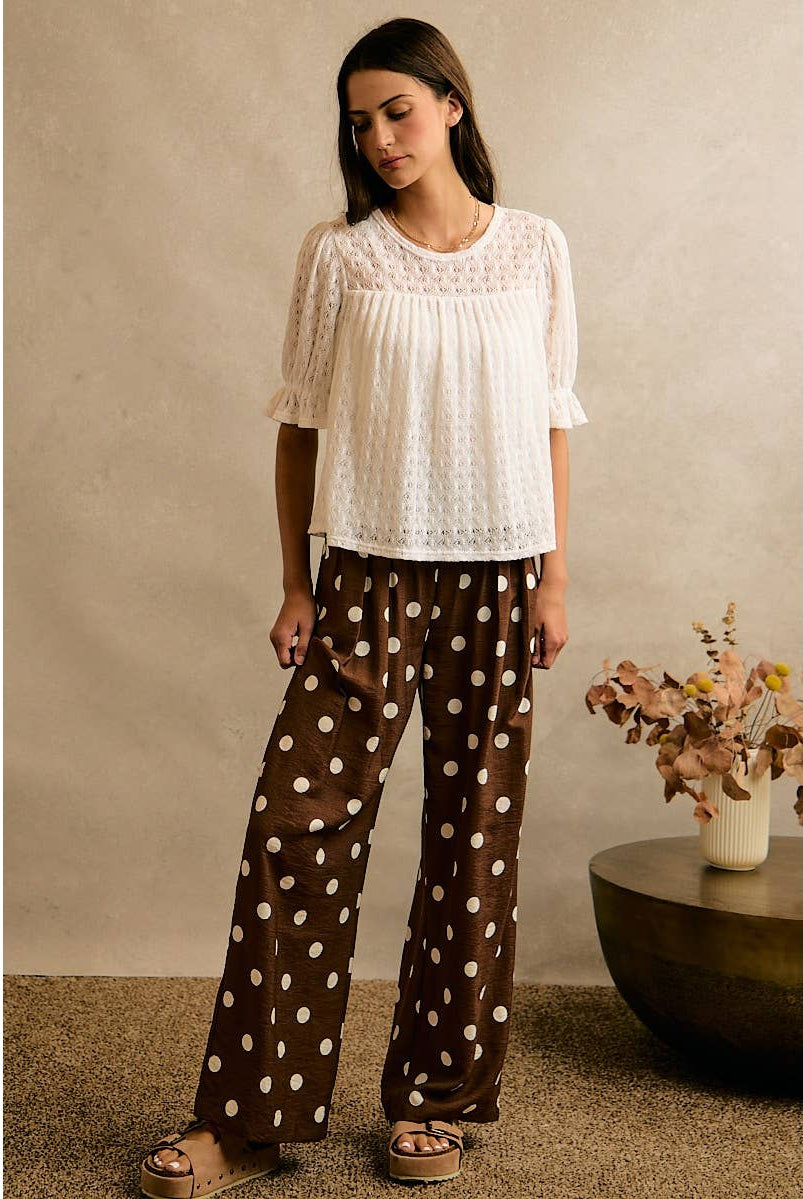 POLKA DOT CREPE SMOCKED POCKET WIDE LEG PANTS-So Me-Stuffology - Where Vintage Meets Modern, A Boutique for Real Women in Crosbyton, TX