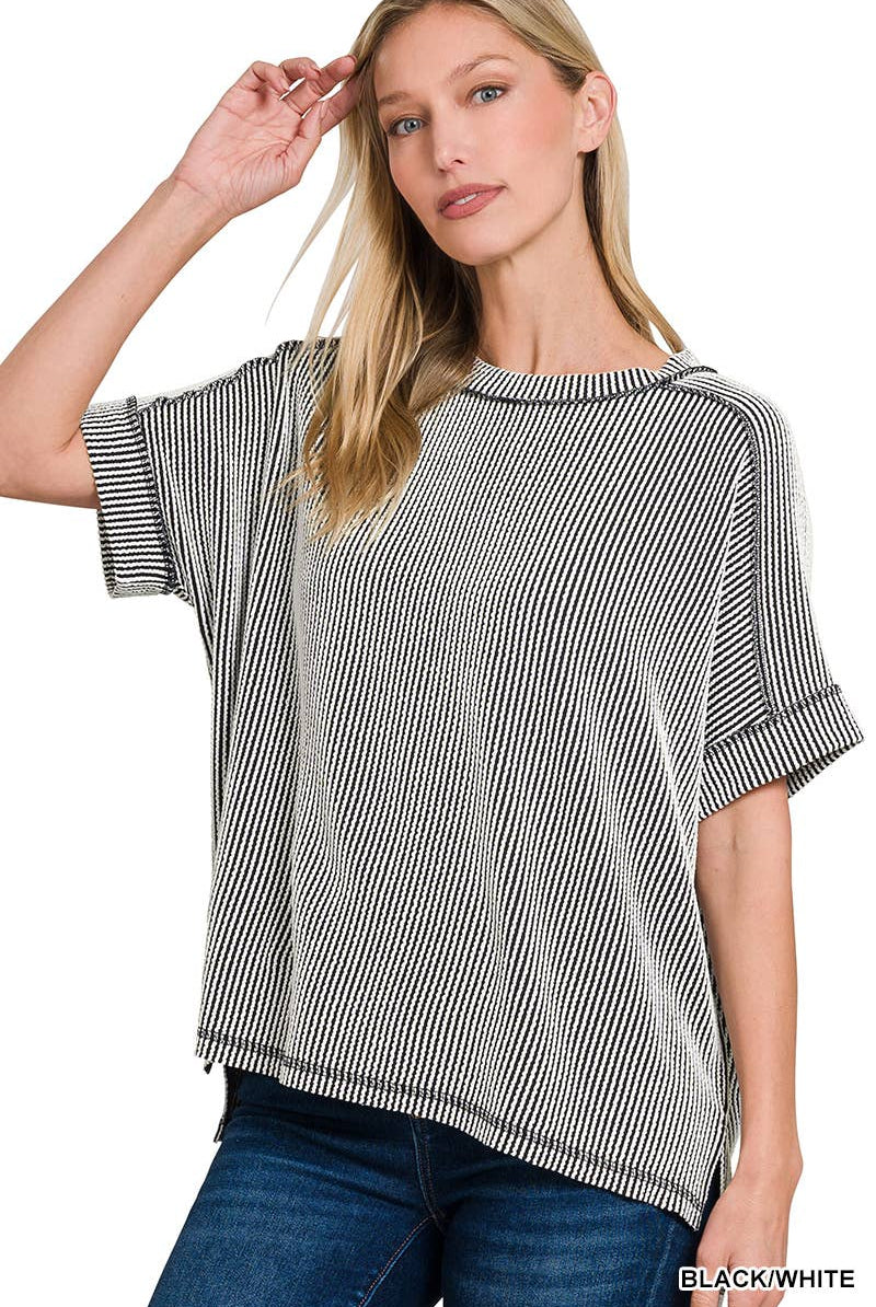 Corded Rib Short Cuff Sleeve Raw Edge Top-TOP-Stuffology Boutique-Stuffology - Where Vintage Meets Modern, A Boutique for Real Women in Crosbyton, TX