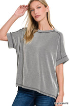 Corded Rib Short Cuff Sleeve Raw Edge Top-TOP-Stuffology Boutique-Stuffology - Where Vintage Meets Modern, A Boutique for Real Women in Crosbyton, TX