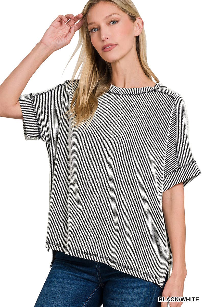 Corded Rib Short Cuff Sleeve Raw Edge Top-TOP-Stuffology Boutique-Stuffology - Where Vintage Meets Modern, A Boutique for Real Women in Crosbyton, TX