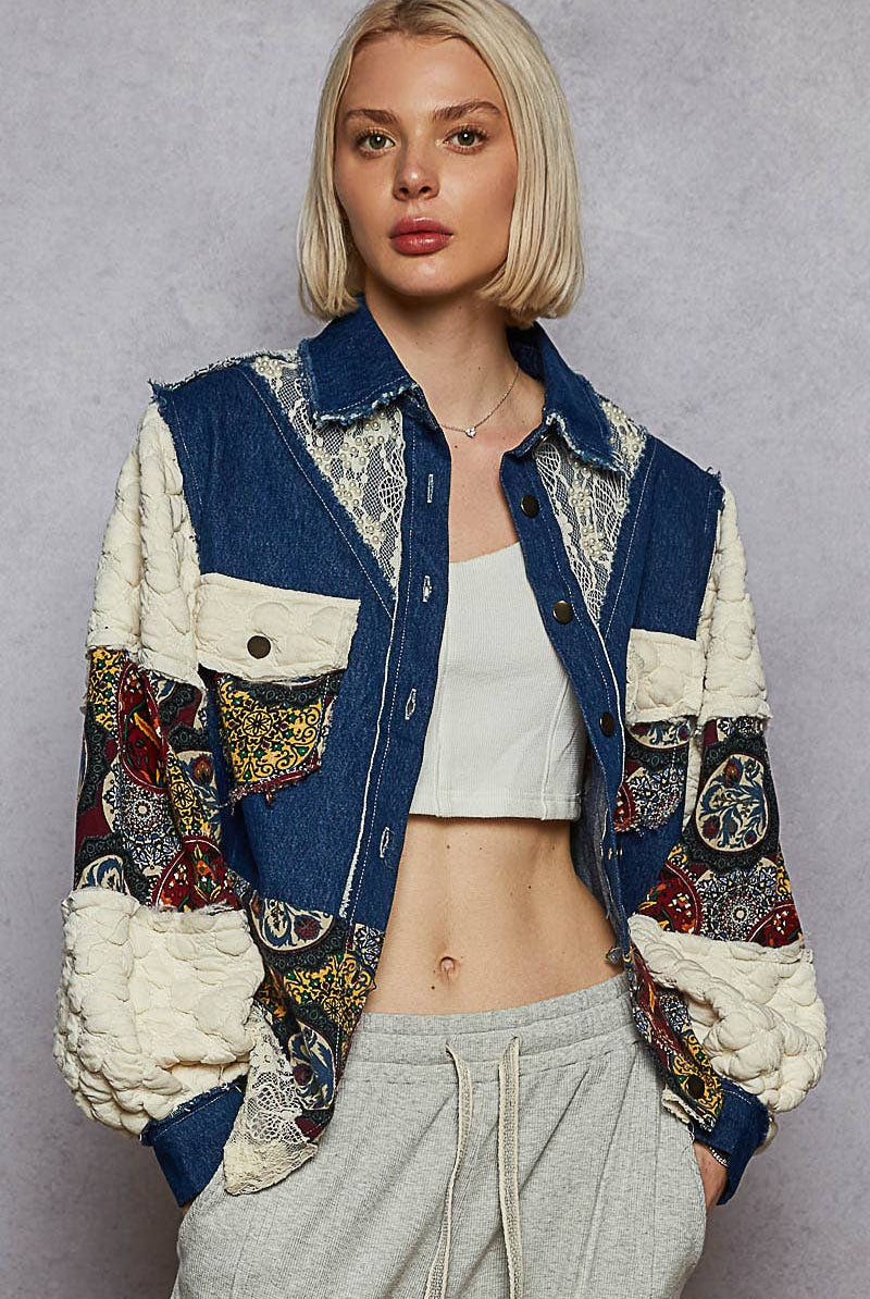 POL Clothing - Denim Patchwork Jacket-Denim Jacket-Pol Clothing-Stuffology - Where Vintage Meets Modern, A Boutique for Real Women in Crosbyton, TX