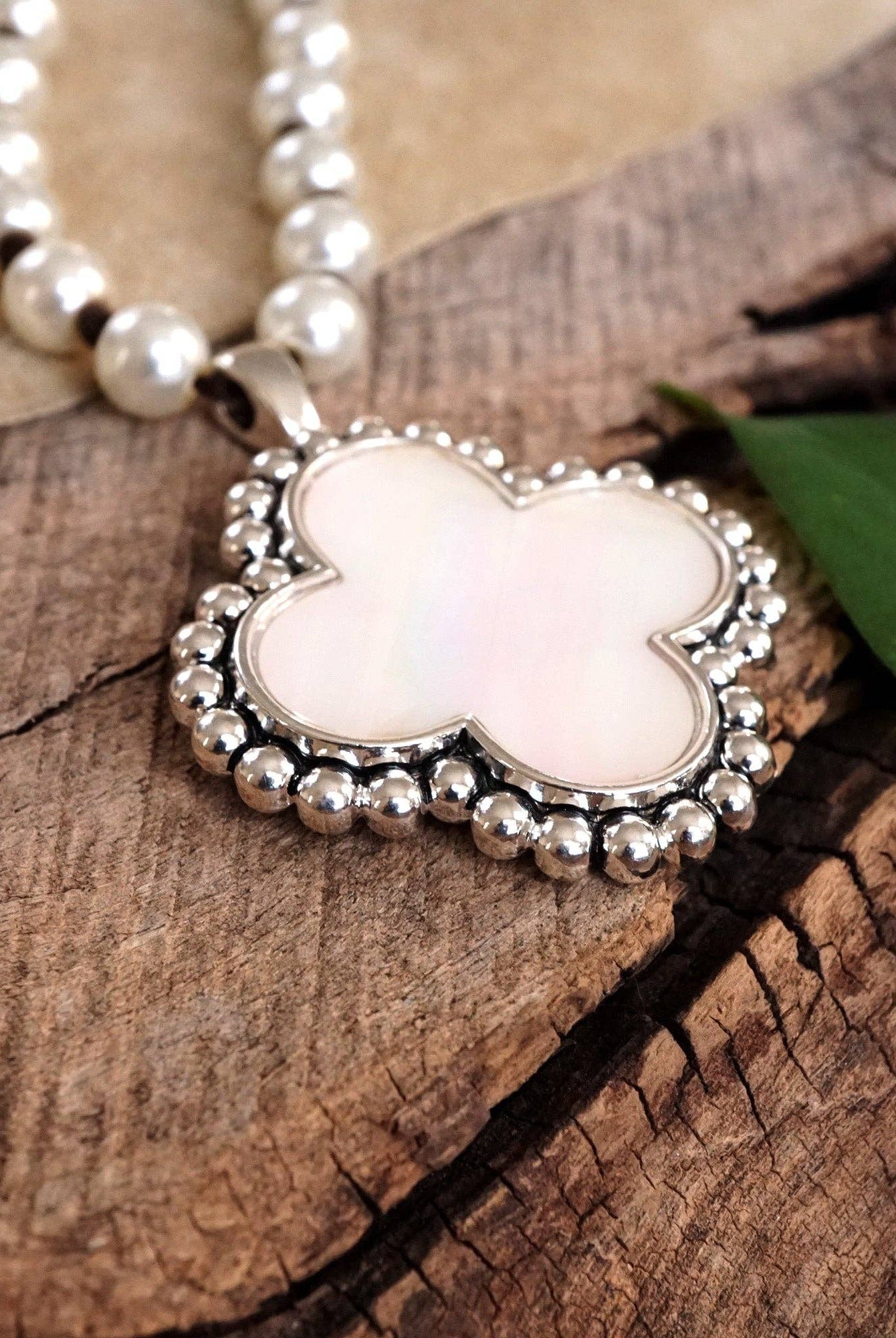 Pearlized beads Necklace with Cross and Clover pendant Mother of Pearl Abalone-PennyLine inc-Stuffology - Where Vintage Meets Modern, A Boutique for Real Women in Crosbyton, TX