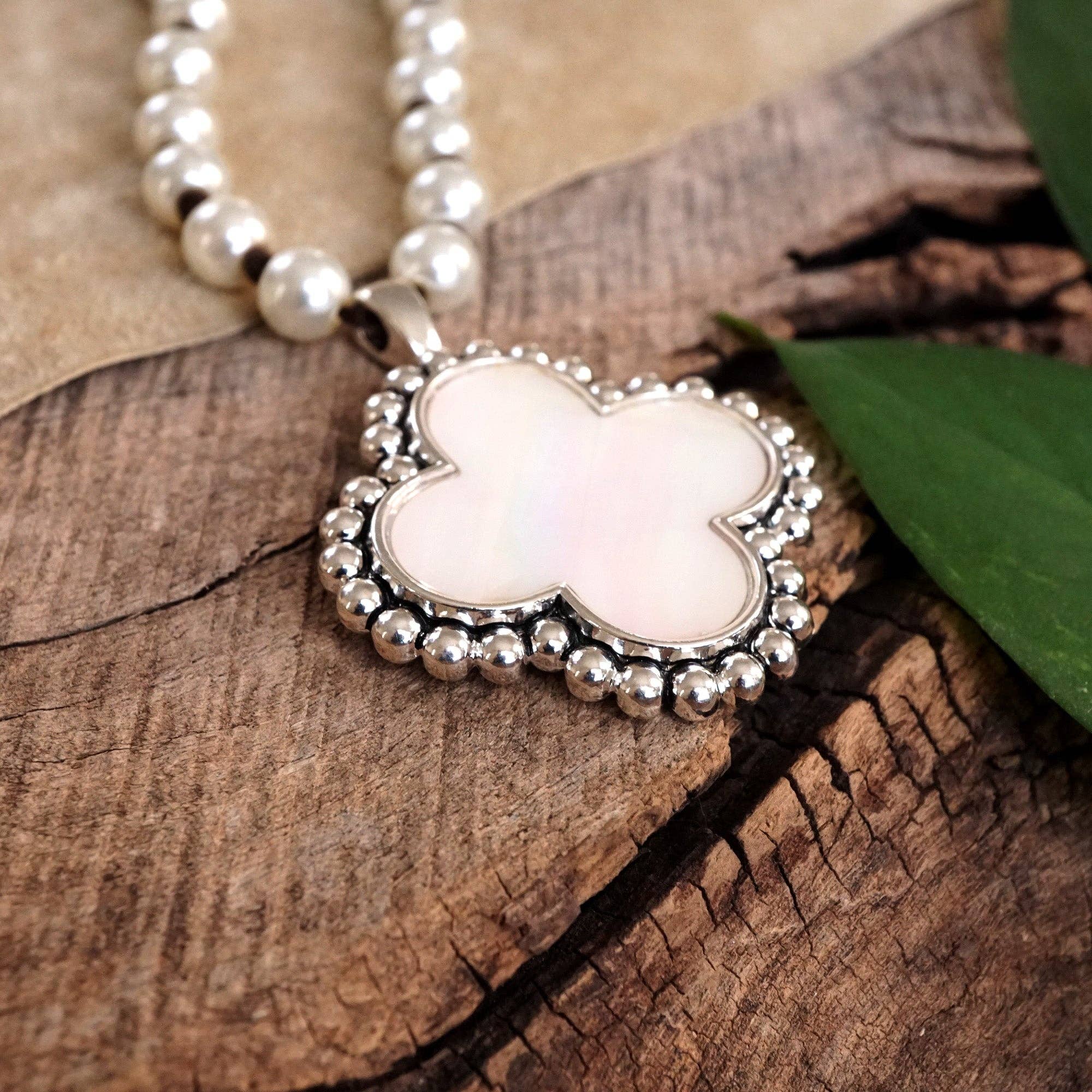 Pearlized beads Necklace with Cross and Clover pendant Mother of Pearl Abalone-Necklaces-PennyLine inc-Stuffology - Where Vintage Meets Modern, A Boutique for Real Women in Crosbyton, TX