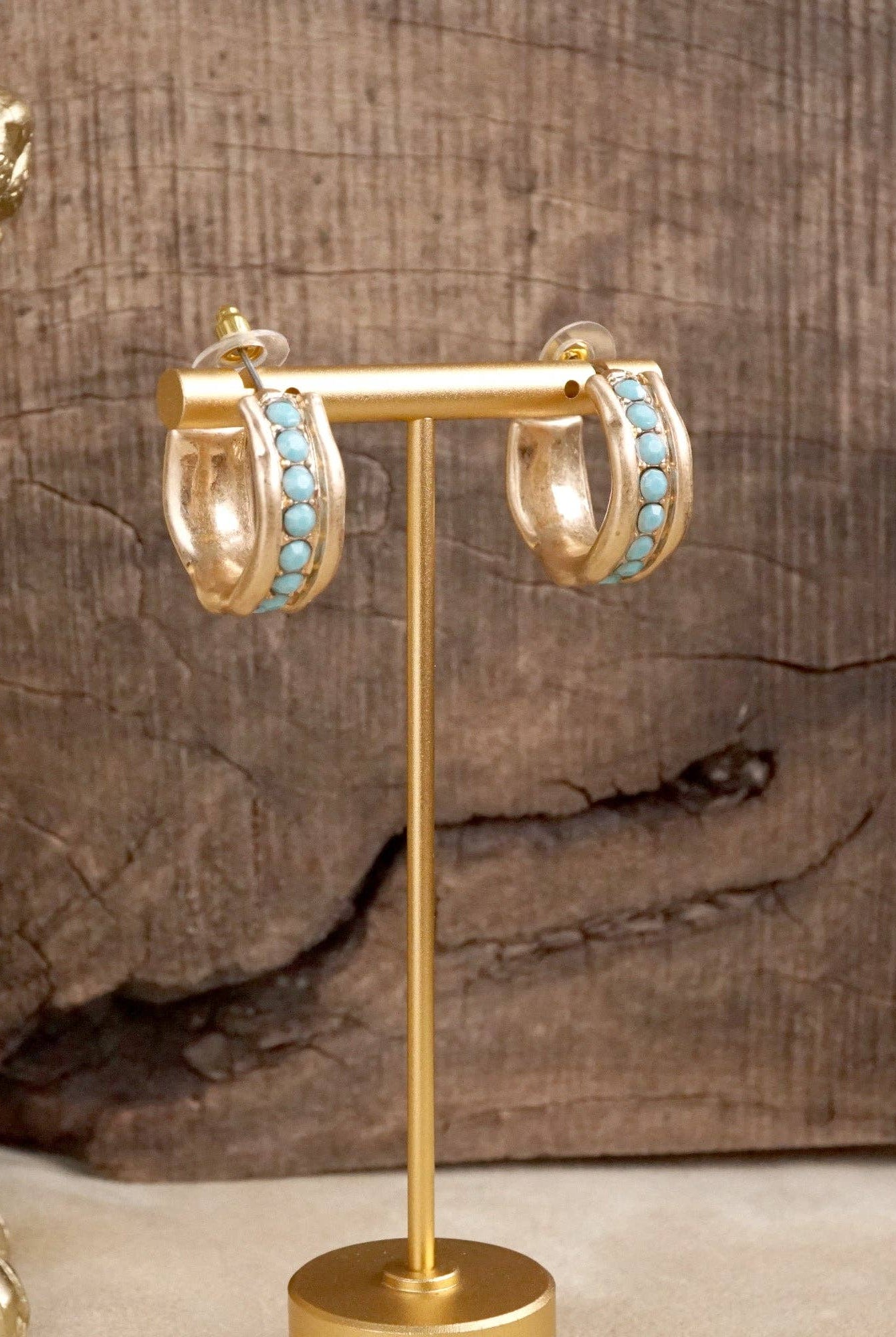 Minimalist Hoops with Faux Pearls or Turquoise – Brushed Gold-Earrings-PennyLine inc-Stuffology - Where Vintage Meets Modern, A Boutique for Real Women in Crosbyton, TX