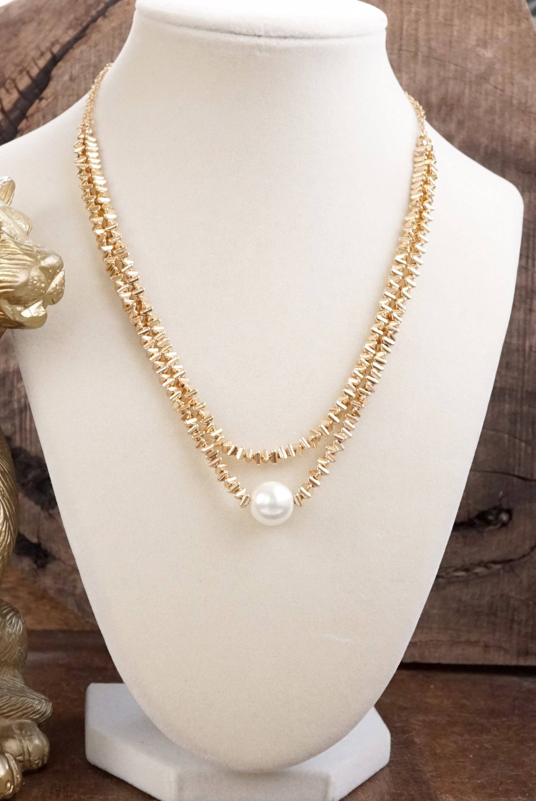 Golden Grace – Double Layer Necklace with Pearl and 3D Beads-Necklaces-PennyLine inc-Stuffology - Where Vintage Meets Modern, A Boutique for Real Women in Crosbyton, TX
