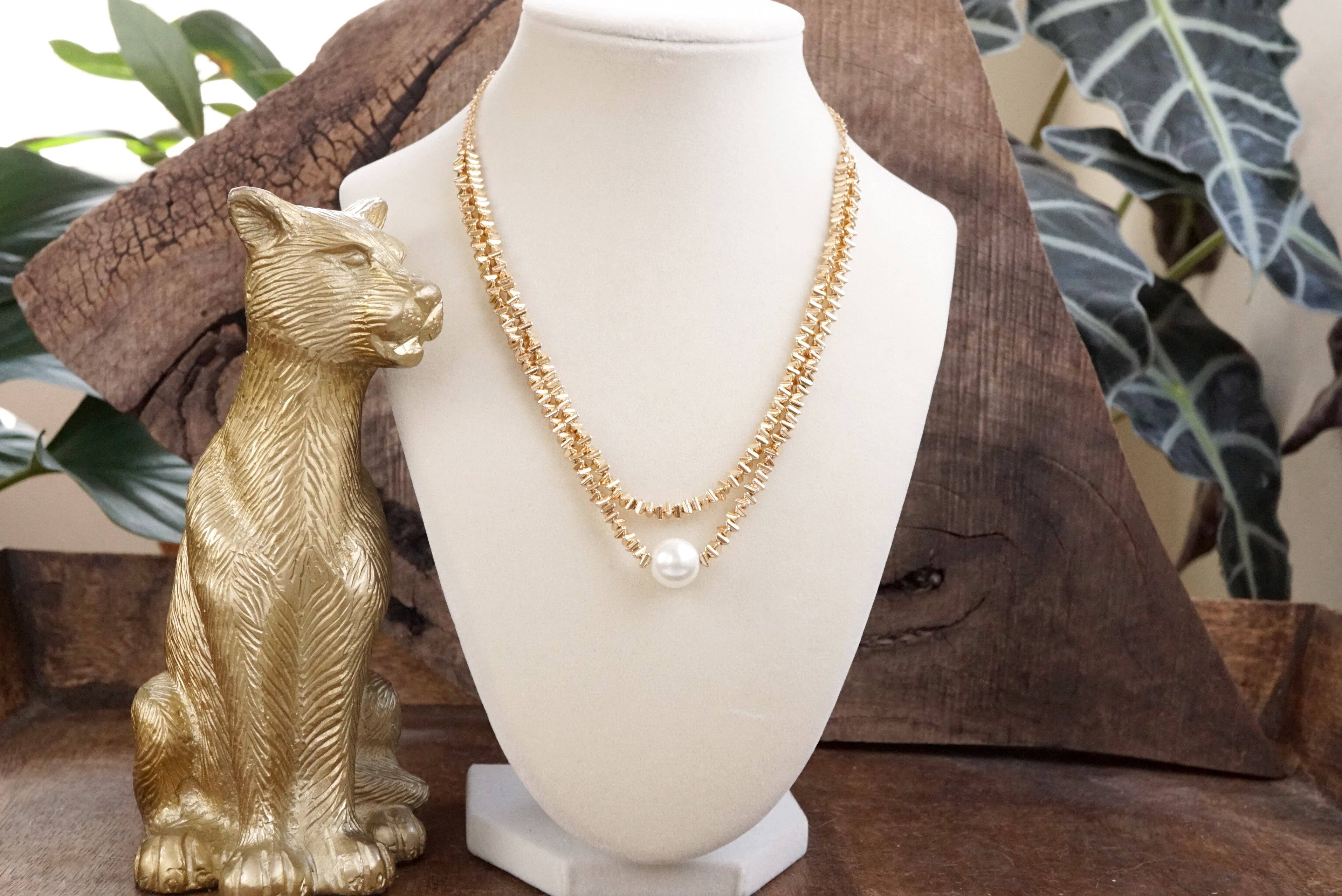 Golden Grace – Double Layer Necklace with Pearl and 3D Beads-Necklaces-PennyLine inc-Stuffology - Where Vintage Meets Modern, A Boutique for Real Women in Crosbyton, TX